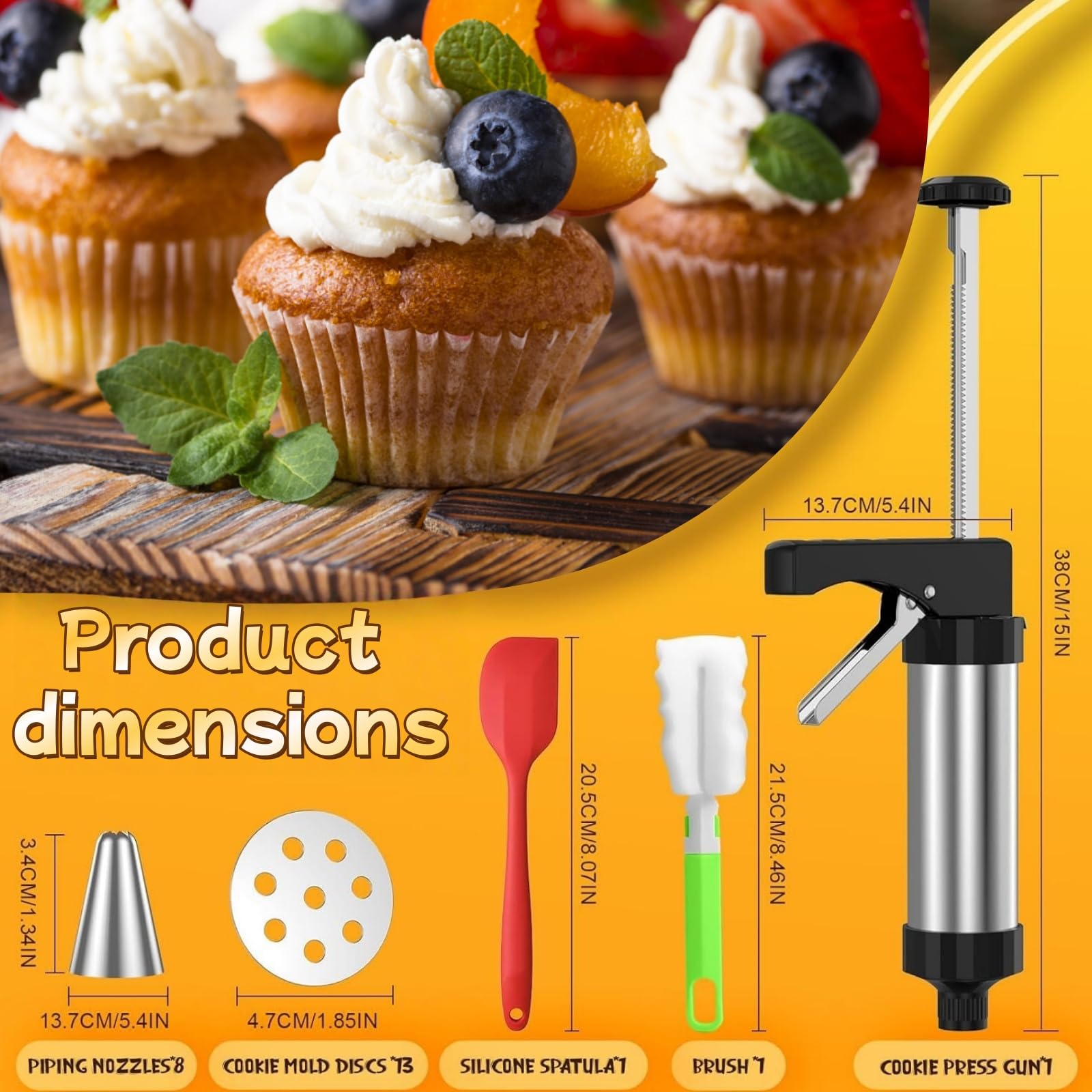 1 presse à pâtisserie professionnelle en acier inoxydable et seringue à garnir, 13 pochoirs, 8 douilles (seringue à pâte en acier inoxydable, seringue à pâtisserie en acier inoxydable,