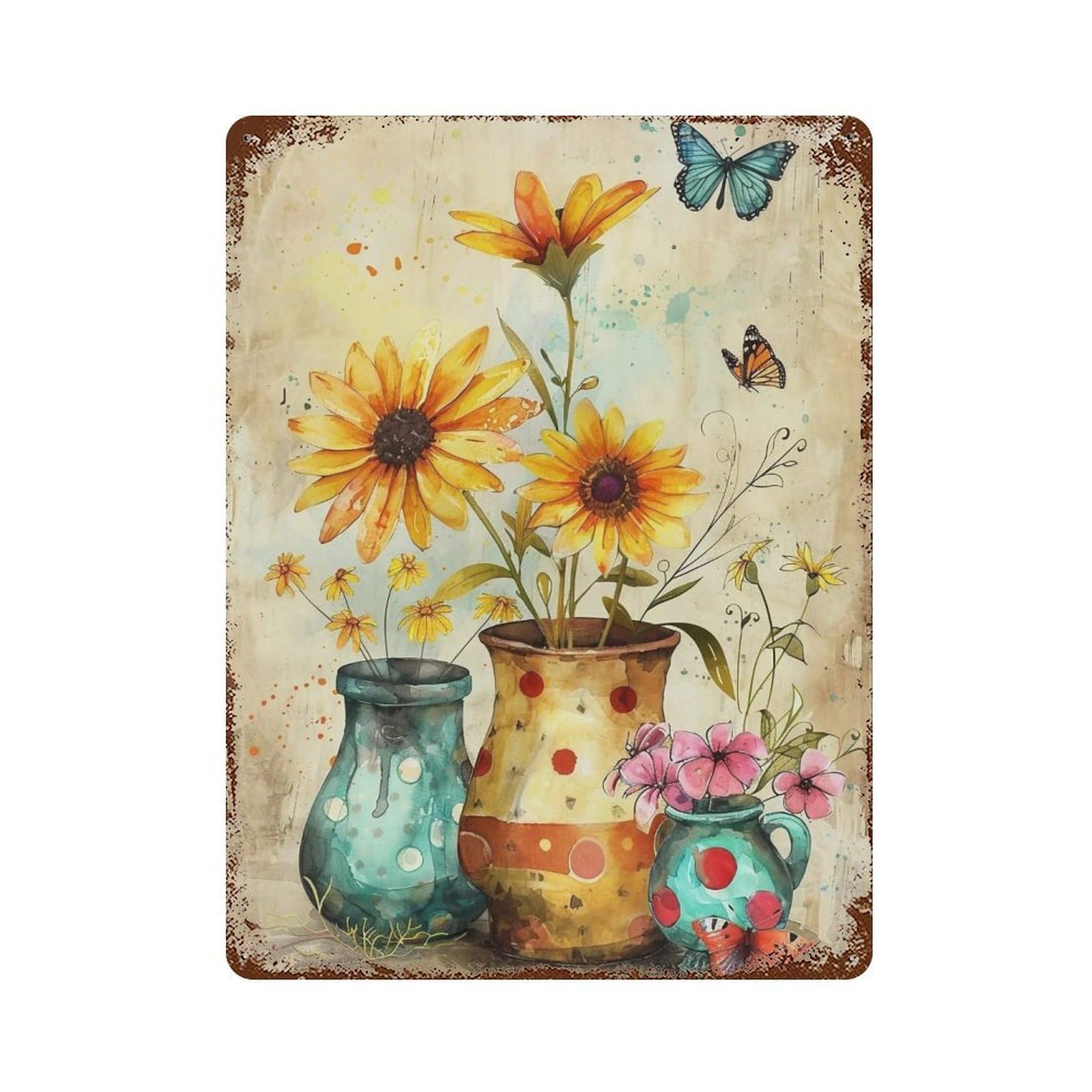 YHGERTKU Watercolor Three Potted Flowers Colorful Butterfly 01 Wall Art Retro Iron Vintage Metal Tin Sign Poster Modern Decor for Living Rooms Gift 40x30cm