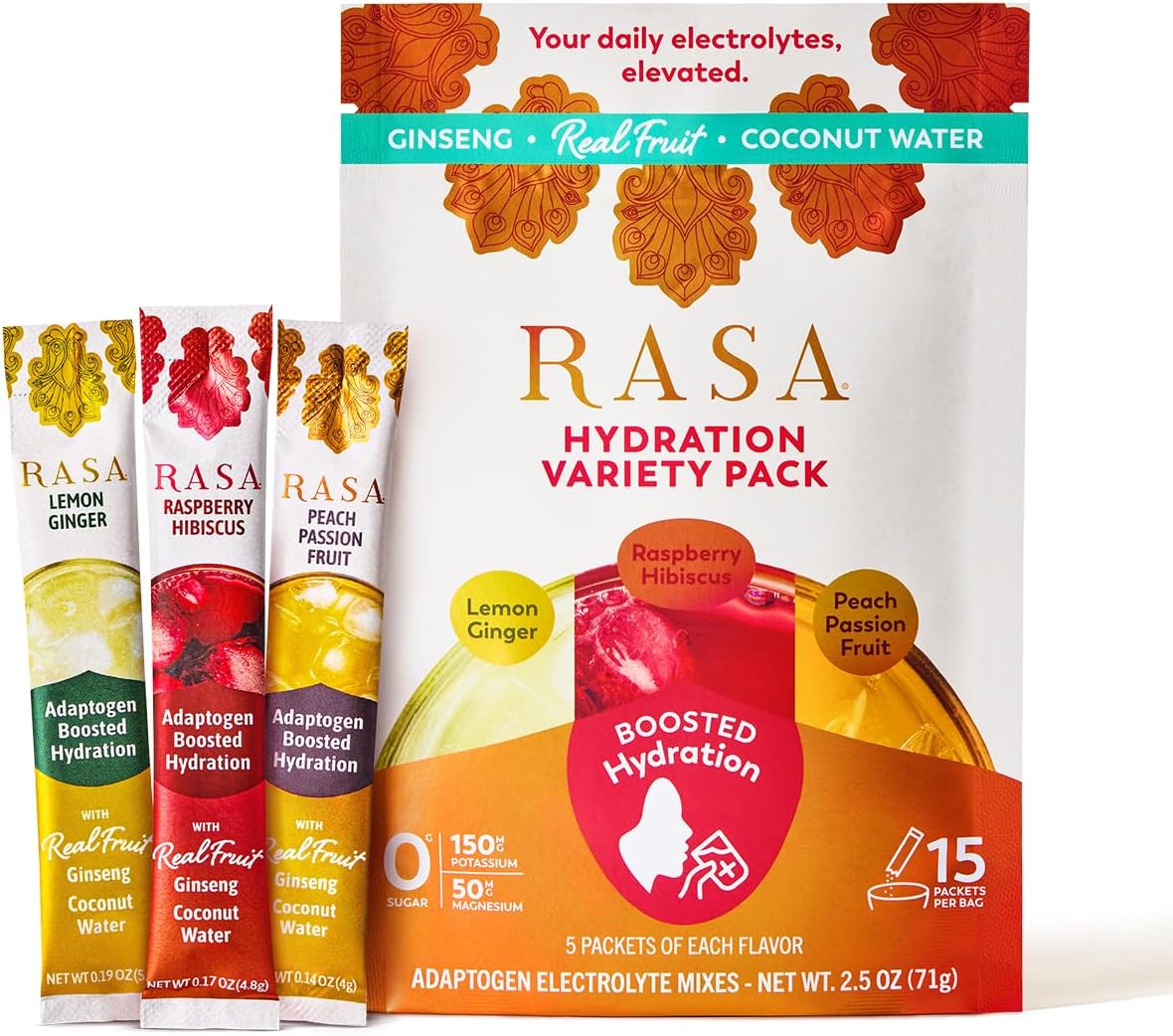 Rasa Hydration Adaptogen Powder Variety Pack | Electrolyte Mix for Rapid Hydration & Stress Support | Ginseng, Real Fruit & Coconut Water | Peach Passion, Lemon Ginger & Raspberry Hibiscus | 15 Pack