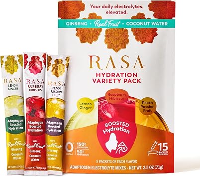 Rasa Hydration Adaptogen Powder Variety Pack | Electrolyte Mix for Rapid Hydration & Stress Support | Ginseng, Real Fruit & Coconut Water | Peach Passion, Lemon Ginger & Raspberry Hibiscus | 15 Pack