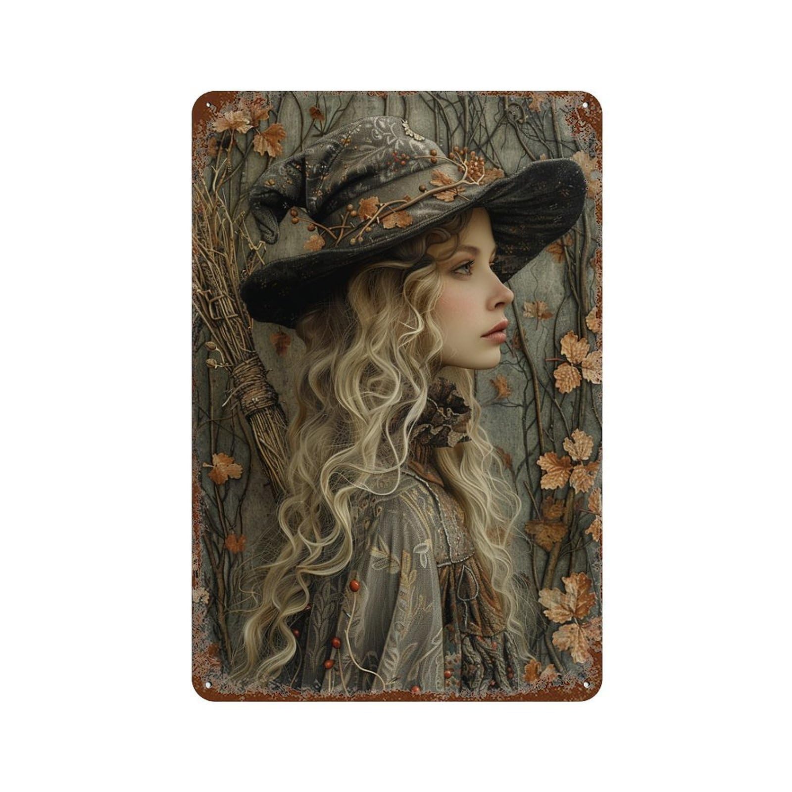 Witch Hat with Broomstick Rustic Tin Plaque 11.8"x7.9", Ideal for Shed, Workshop And Garage Wall Decor