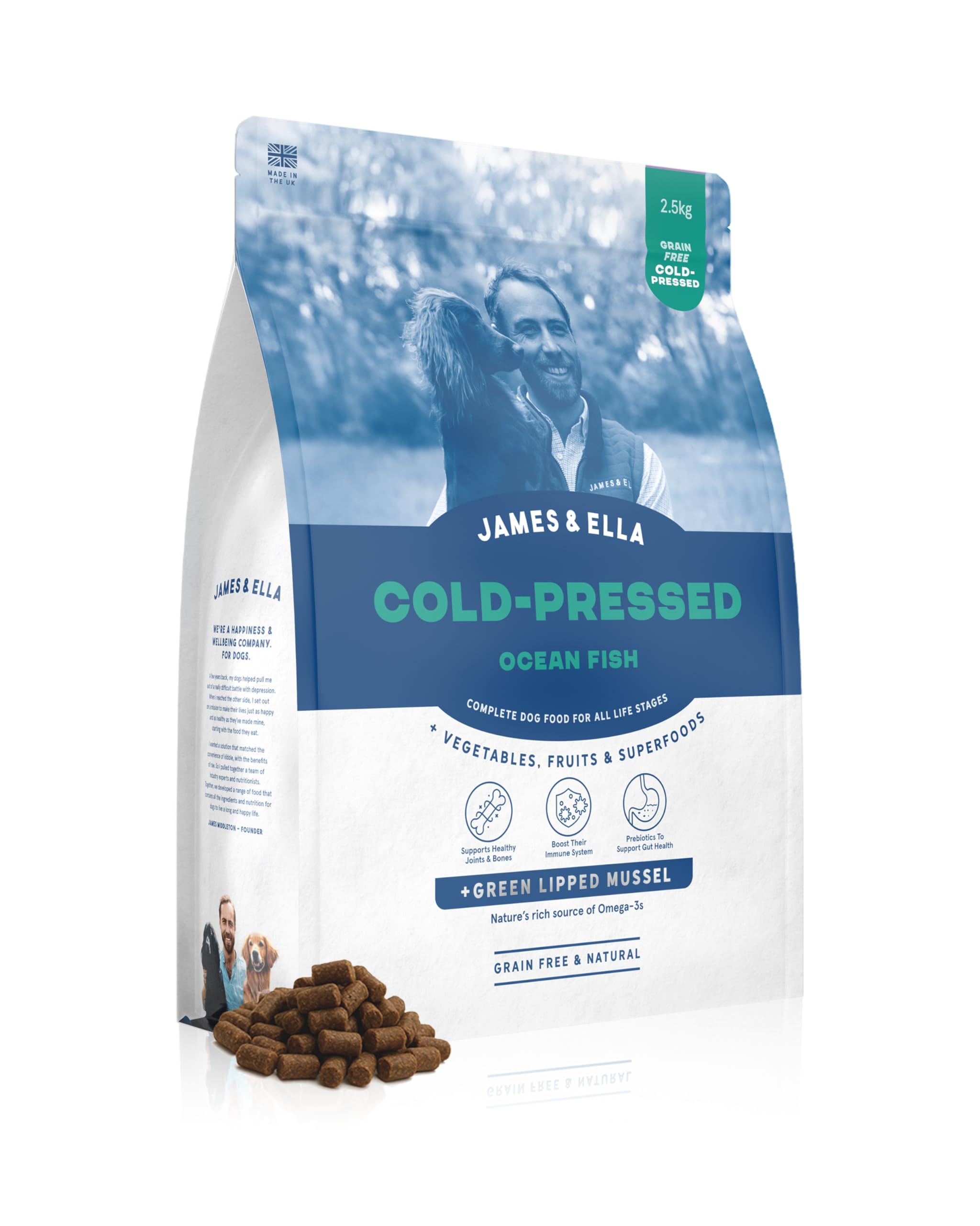 James & Ella Cold-Pressed Dog Food, Ocean Fish (2.5kg) Hypoallergenic, Grain Free & Low-Fat Complete Pellets | Rich in Vitamins, Fatty Acids & Nutrients, Easily Digestible for Sensitive Dogs