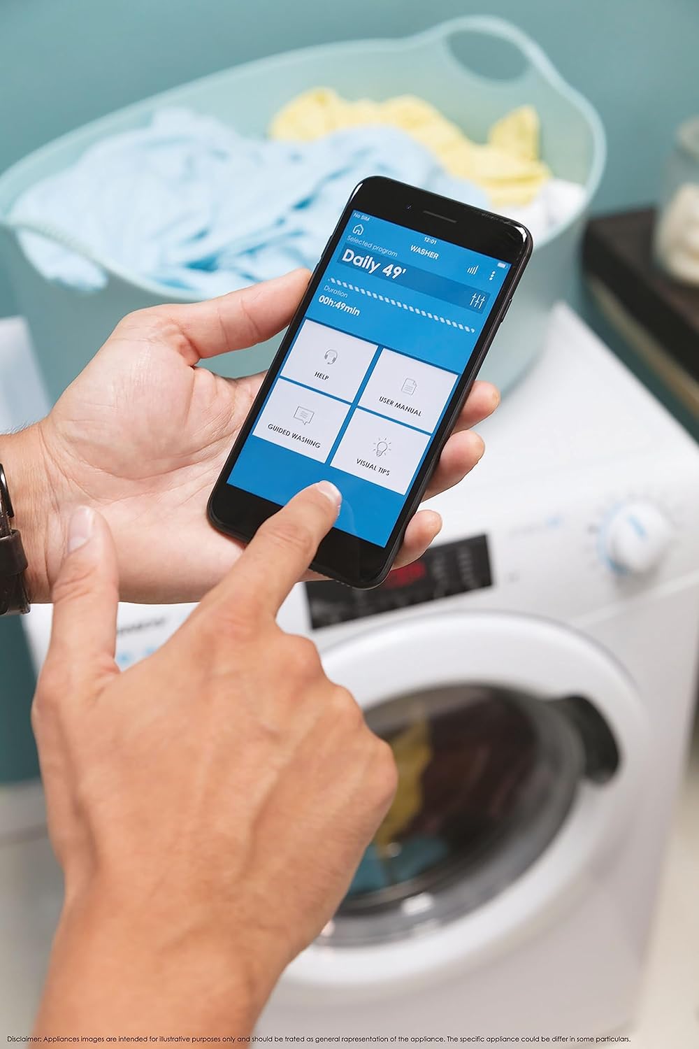 Person using the Simply-Fi app on a smartphone with the washing machine in the background
