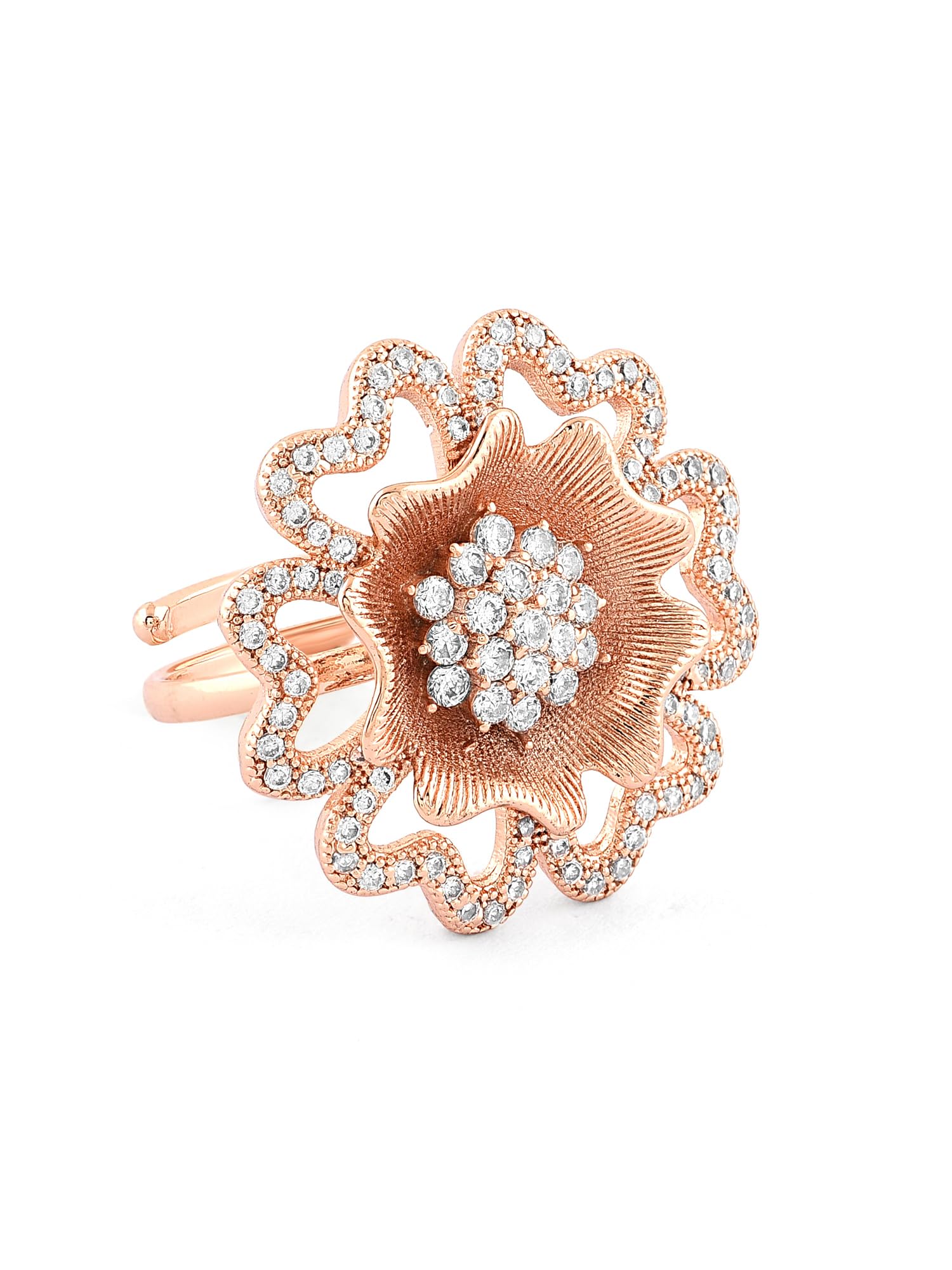 ZAVERI PEARLSRose Gold Dazzling Cubic Zirconia Flower Party Bling Brass Adjustable Finger Ring-ZPFK16198