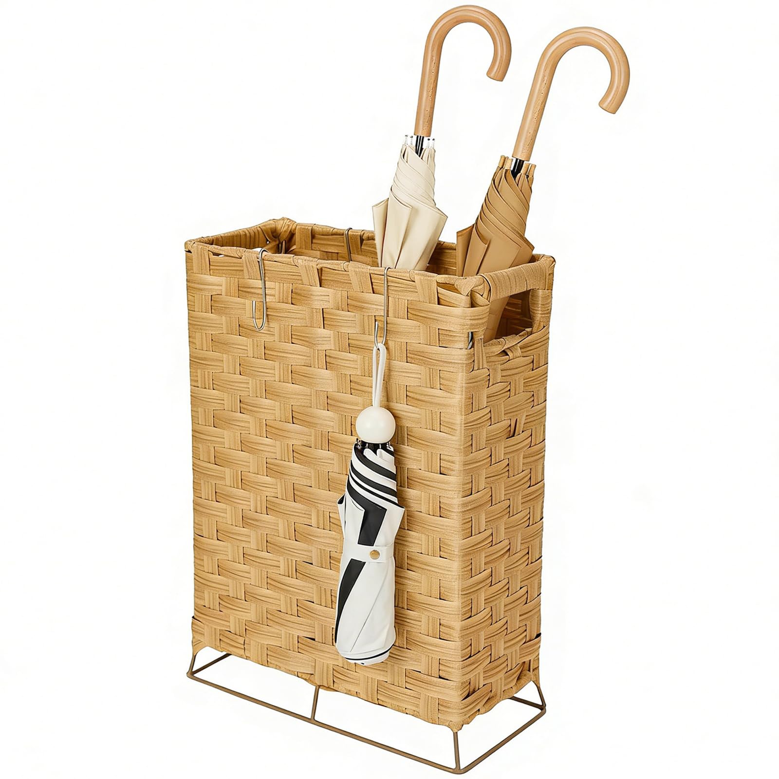 THORNIA Rattan Umbrella Stand with Built-in Water Reservoir & Hooks, Hand Woven Umbrella Rack Organizer Freestanding - Stable, High-Capacity Organizer