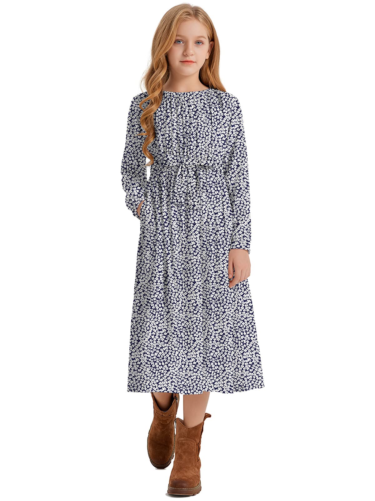 LaBeca Girls Casual Dress Elastic Round Neck Floral Solid Color A-Line Swing High Waist Midi Dress with Belt and Pocket