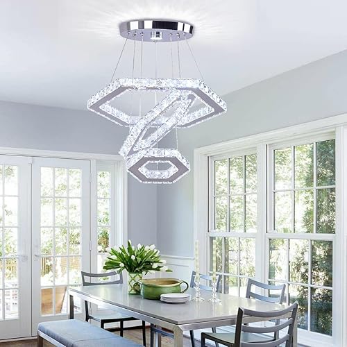 Miniatura 9 de Modern Crystal Chandeliers Big 3 Rings LED Ceiling Light Adjustable Stainless Steel Pendant Light for Bedroom Living Room Dining Room (6500K Cool
