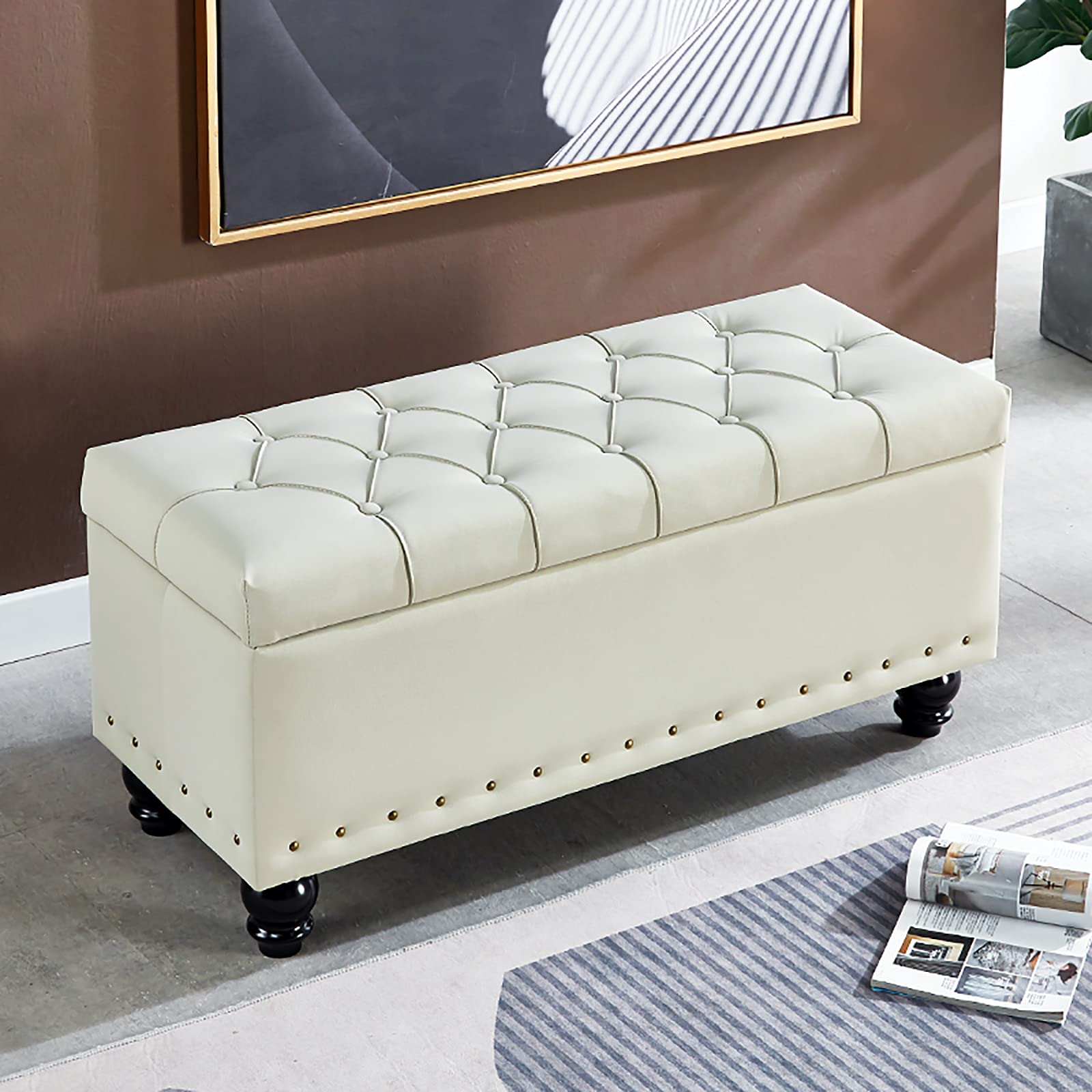 WJFTODAY Faux Leather Shoe Storage Bench Ottoman Padded End of Bed Furniture Versatile Foot Stool for Living Room & Bedroom Stylish Khaki Storage Solution 60x40x4