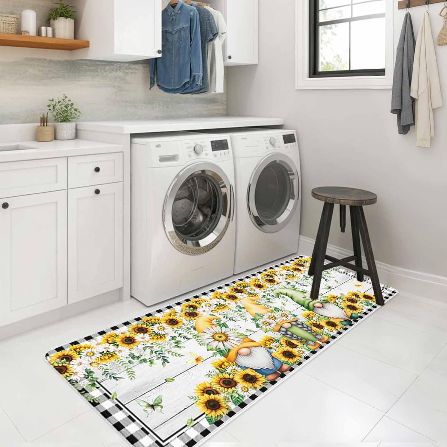 Watercolor Gnome Sunflower Daisy Kitchen Rug and Mat,Washable Floor Mats Standing Cushioned Set of 2,Black White Buffalo Wood Slip-Proof Doormat Runner Rugs for Indoor Bathroom Laundry Sink