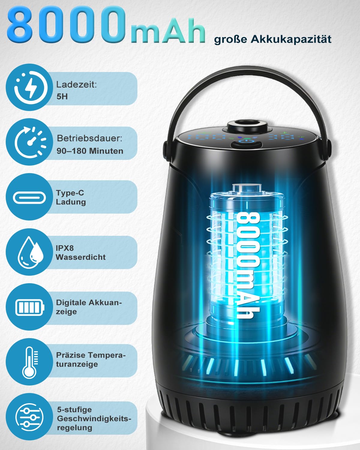 Tragbare Campingdusche mit LED-Stimmungslicht, Mobile Outdoor Dusche mit 8000mAh Akku & Temperaturanzeige, 5 Wasserstufen Camping Dusche mit Pumpe & PP-Filter für Camping, Wandern, Haustiere, Vanlife
