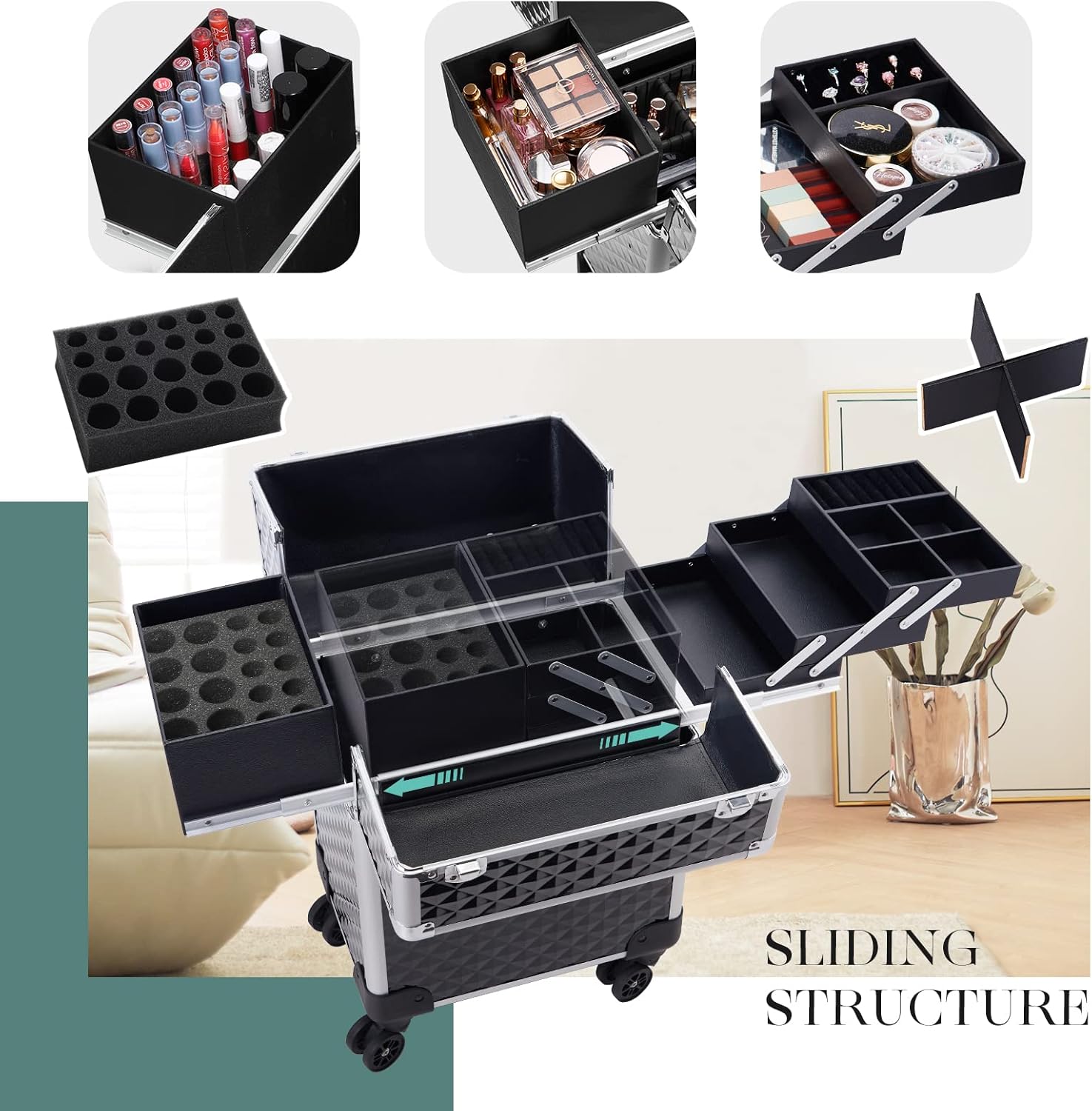 Wasserrhythm Rolling Makeup Train Case Cosmetic Travel Cart 4 Tray Sliding Rail Removable Middle Layer Makeup Cart with 360° wheels Large Storage Cosmetic Trolley Salon Barber Case Trunk, Black