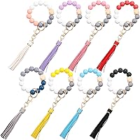 Misdary 8-Pack Wood Bead Keychain Bracelets with PU Leather Tassels - Cute Wristlet Keyrings for Women, Elastic Bangle Chains