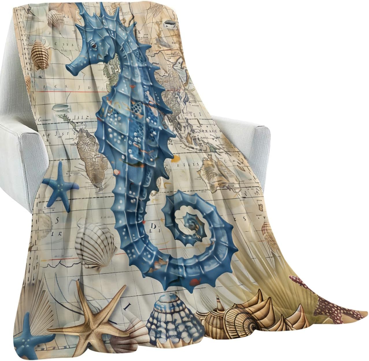 Vintage Blue Seahorse Blanket Gifts for Kids Girls Women,Nautical Antique Map Seashell Throw Blankets,Soft Comfy Lightweight for Room Couch Bed Modern Retro Decor,Ocean Lover 60x50in - Image 2