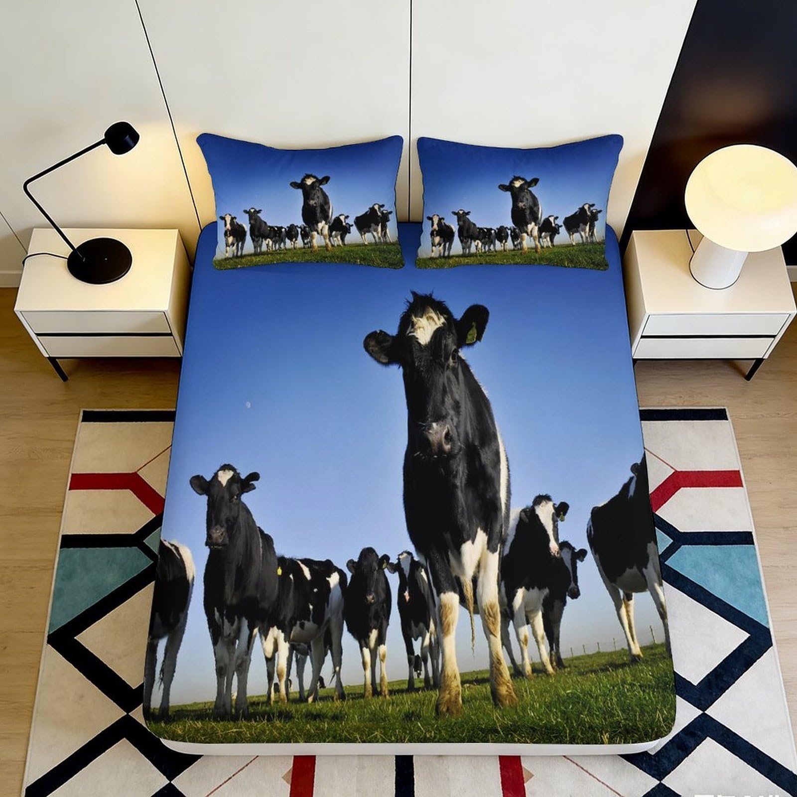 3D Printed Cow Pasture Fitted Sheet Microfiber Soft Breathable Cattle Farm Bed Cover for Bedroom Dorm Mattress Decor 90x200x25cm
