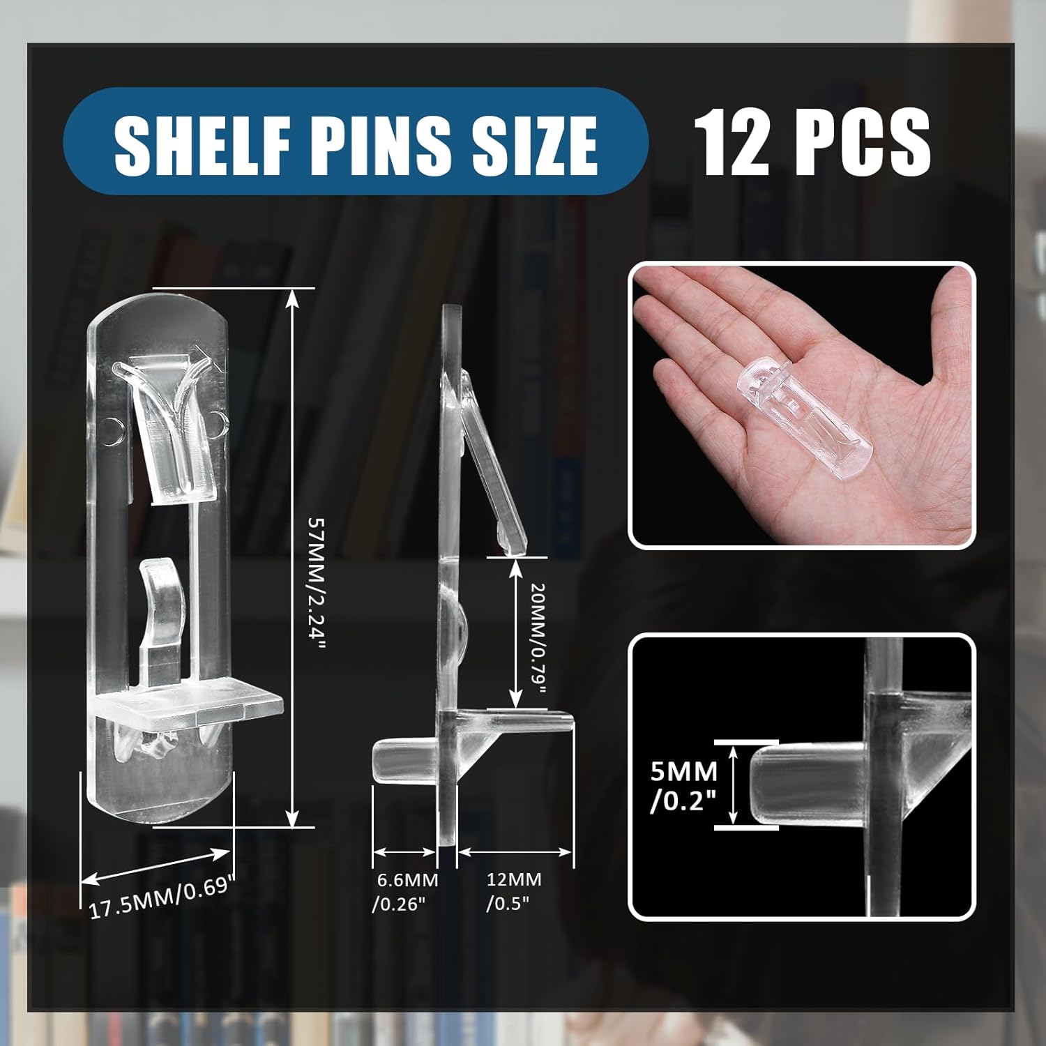 Biaungdo 12 Pcs Plastic Locking Shelf Support Pegs, 5mm Clear Cabinet Shelf Pins Self-Locking Cabinet Shelf Pegs Clips for Kitchen Furniture Bookcase Closet(Fit 5mm Diameter Hole & 3/4 Inch Shelf)