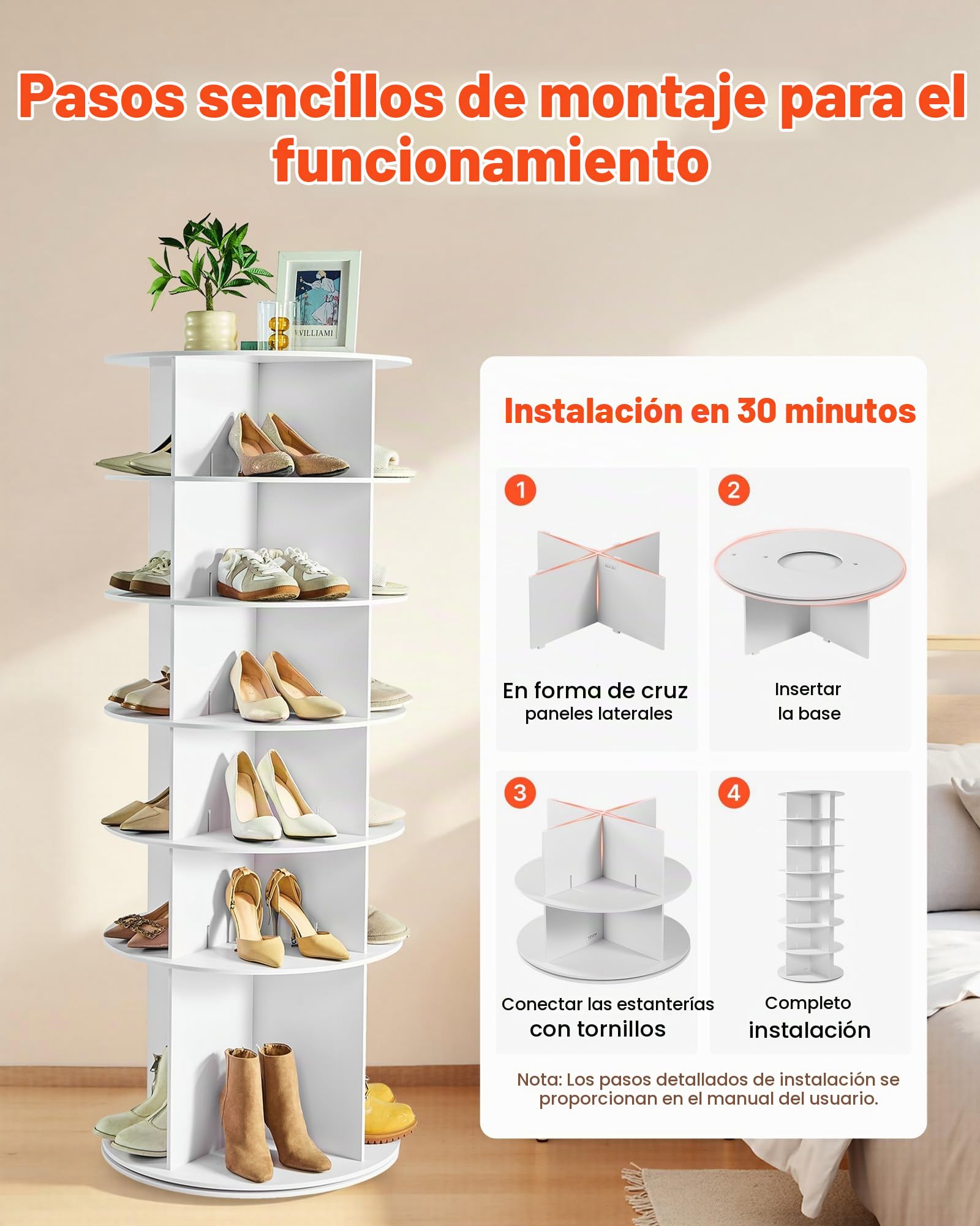VEVOR Zapatero, Armario para 24 Pares de Zapatos, 6 Estantes y 4 Compartimentos, Giratorio 360°, Ahorra Espacio, Ideal para Dormitorio, Sala de Estar o Recibidor, Blanco, 598 x 598 x 1570 mm
