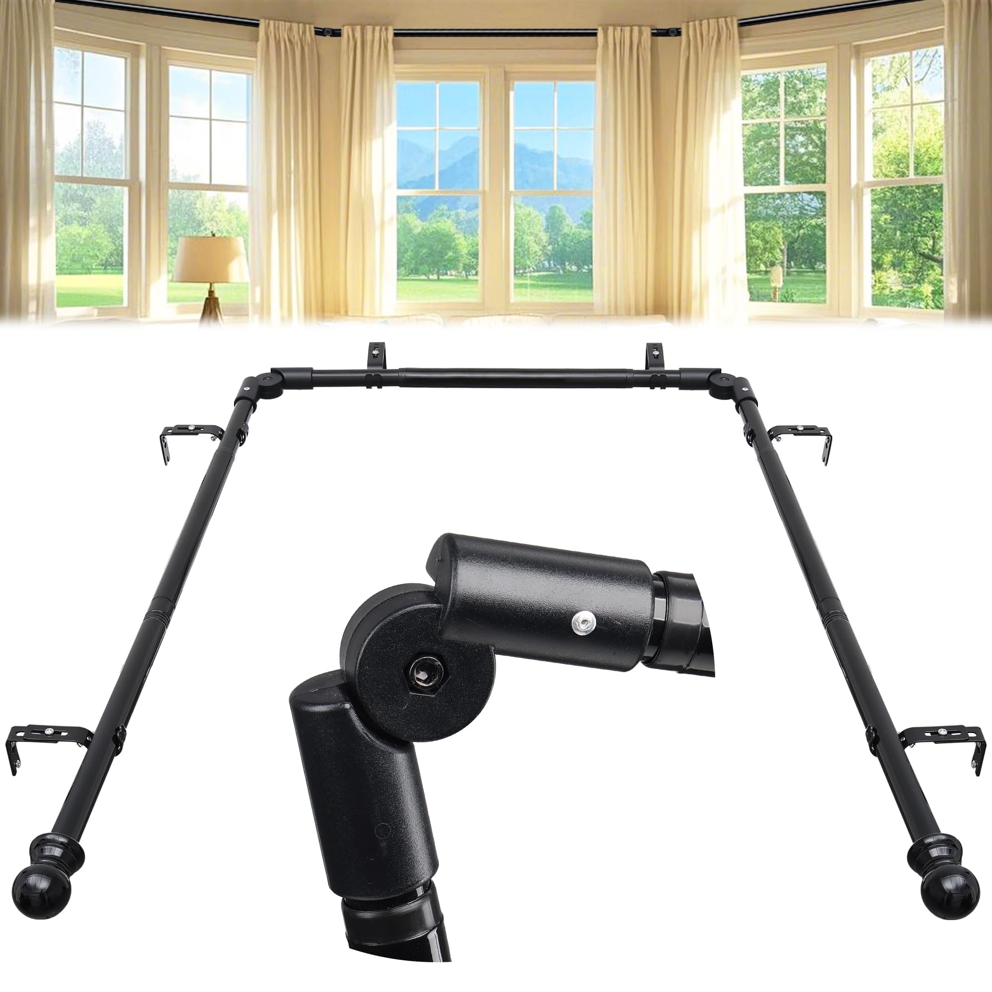 Bay Window Curtain Rods, U Shape Heavy Duty Curved Curtain Rods for Bay Windows with Brackets, 59-184" Adjustable for Bedroom, Living Room, Dinging