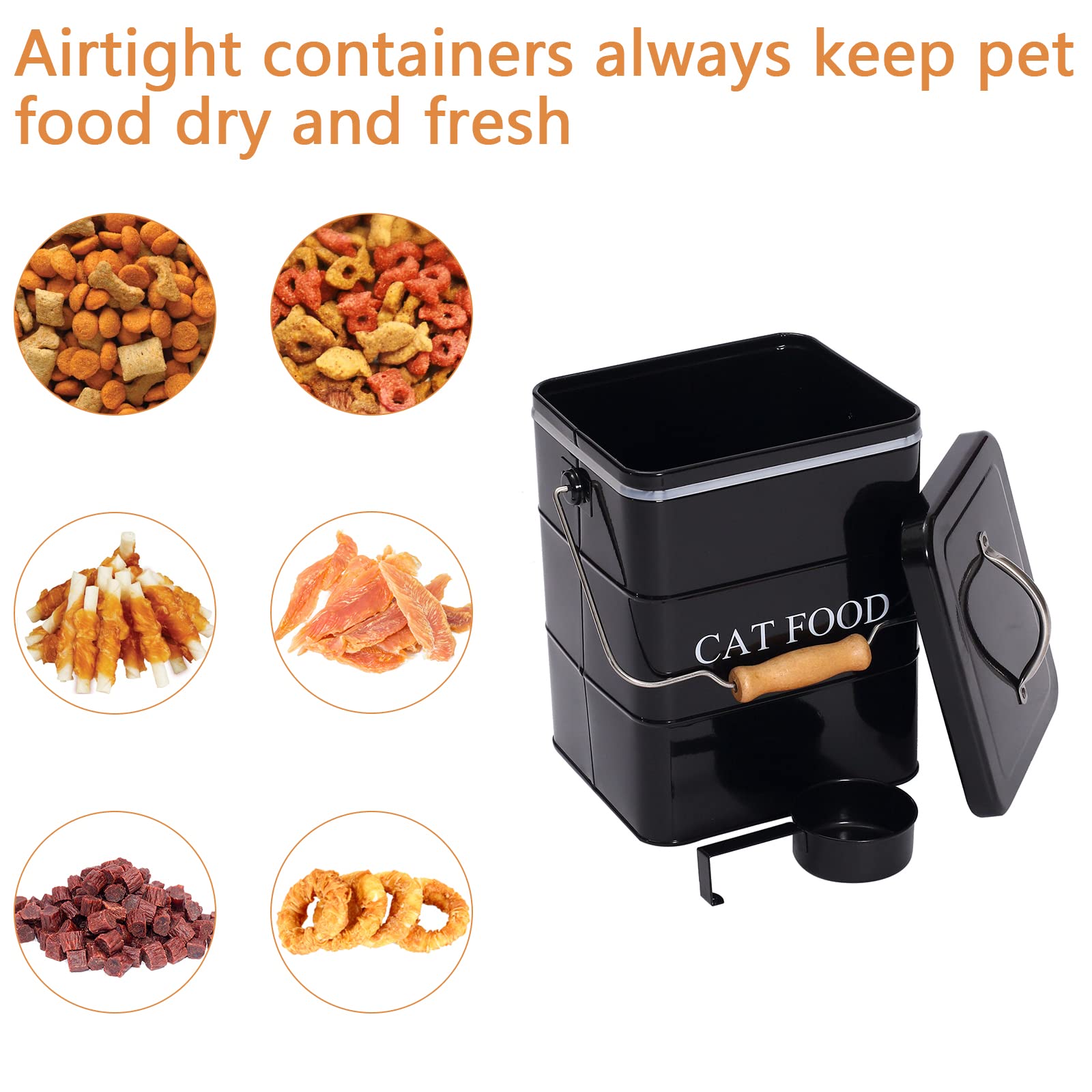 Geyecete- Cajas Almacenamiento de Alimentos y golosinas para Animales, con Mango de Madera y herméticas Tapa, Acero Carbono Revestido Contenedor de Comida para Gatos -Capacidad 3kgs-Negro