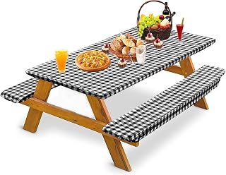 Picnic Table Cover with Bench Covers 8ft Fit Any 96" X 30" Picnic Table Cover, 3-Piece Set for 8 Foot Rectangle Table, Picnic Tablecloth with Elastic for Camping Essentials,Waterproof Windproof