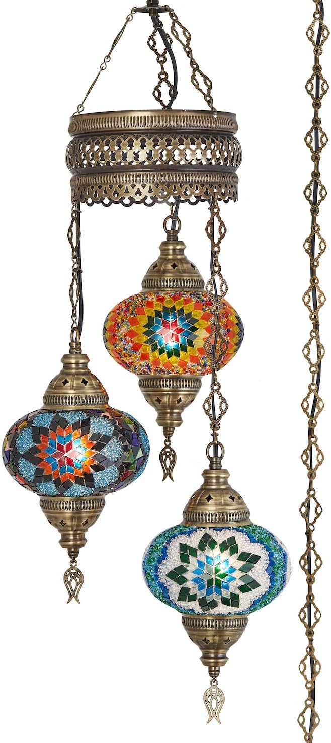 DEMMEX Plug-in Turkish Hanging Lamp, Handmade Moroccan Mosaic Chandelier Pendant Light Fixture with 15-ft Cord & Chain, Decorative Ceiling Lamp for Living Room, Bedroom, 3 Large 7'' Globes, 3.5 ft.
