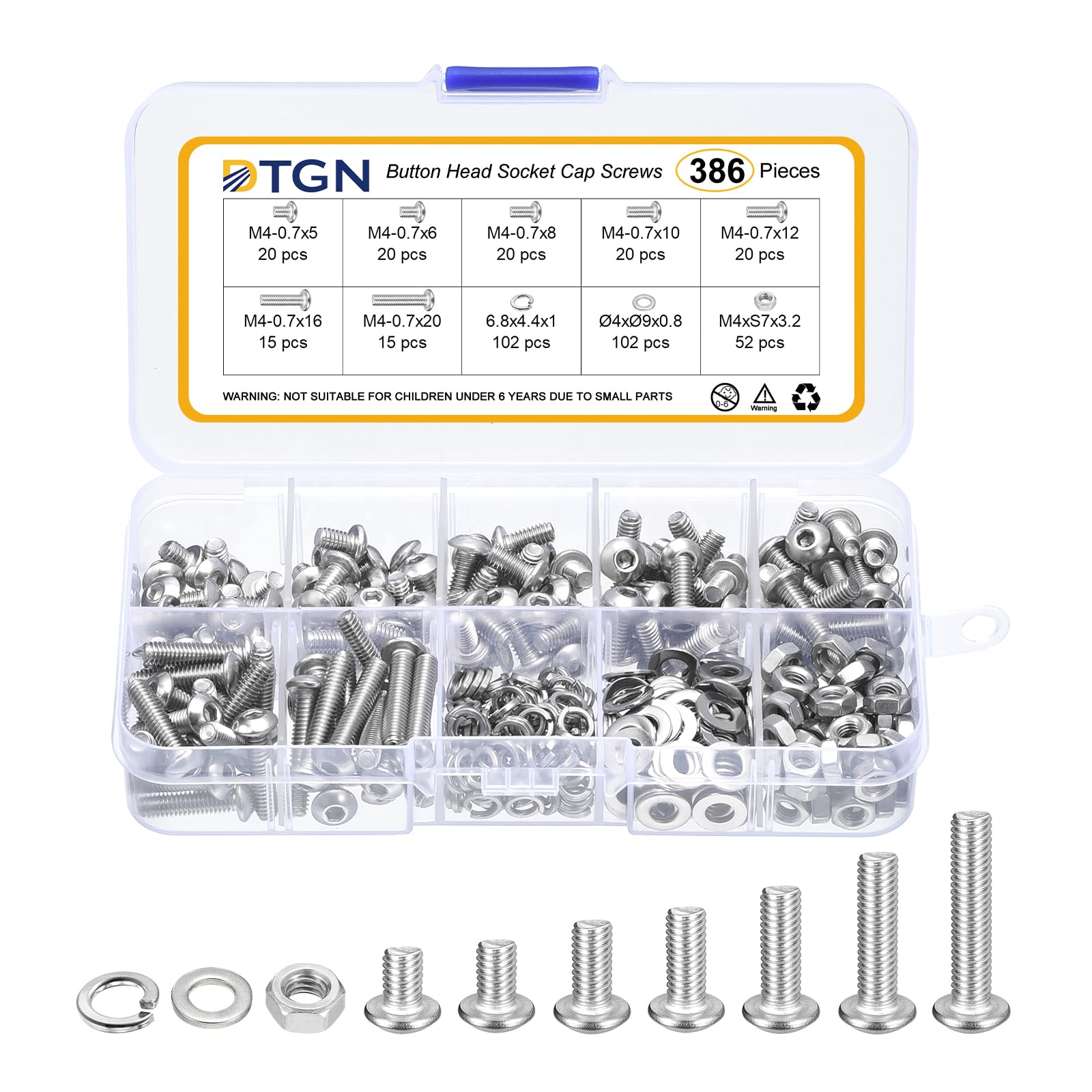DTGN 386Pcs M4-0.7x5/6/8/10/12/16/20mm Button Head Socket Cap Screws, 304 Stainless Steel Bolt Nut Set Washer Assortment Kit