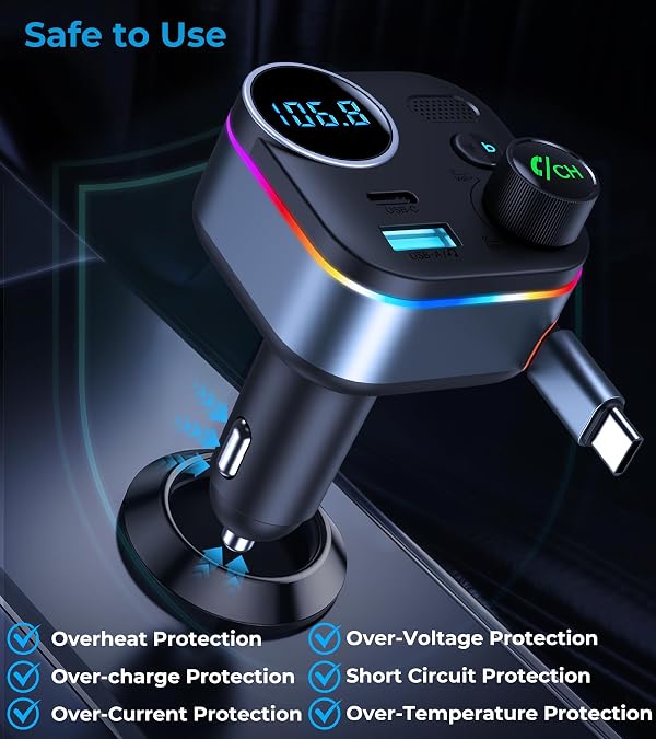 Bluetooth 5.4 FM Transmitter, 72W Car Charger with 45W Retractable USB-C PD by LIHAN - Used condition - Image 6