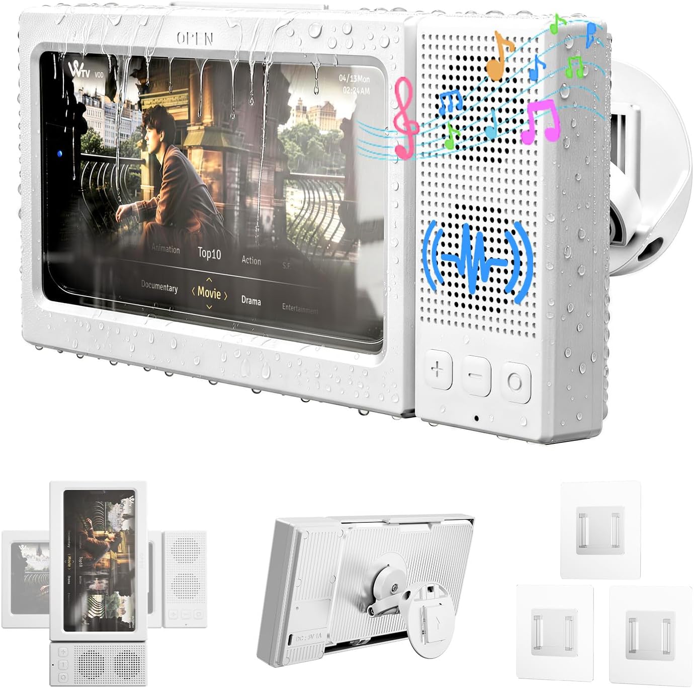 Shower Phone Holder Waterproof with Dual Bluetooth Speaker,360°Rotatable Shower Phone Case,Anti-Fog Bathroom Wall Mount for Mirror Bathtub Kitchen,Fits iPhone 17 16 S26 Ultra 4-7" Phone Stand(White)
