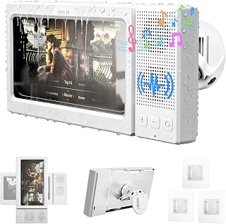 Shower Phone Holder Waterproof with Dual Bluetooth Speaker,360°Rotatable Shower Phone Case,Anti-Fog Bathroom Wall Mount for Mirror Bathtub Kitchen,Fits iPhone 17 16 S26 Ultra 4-7" Phone Stand(White)