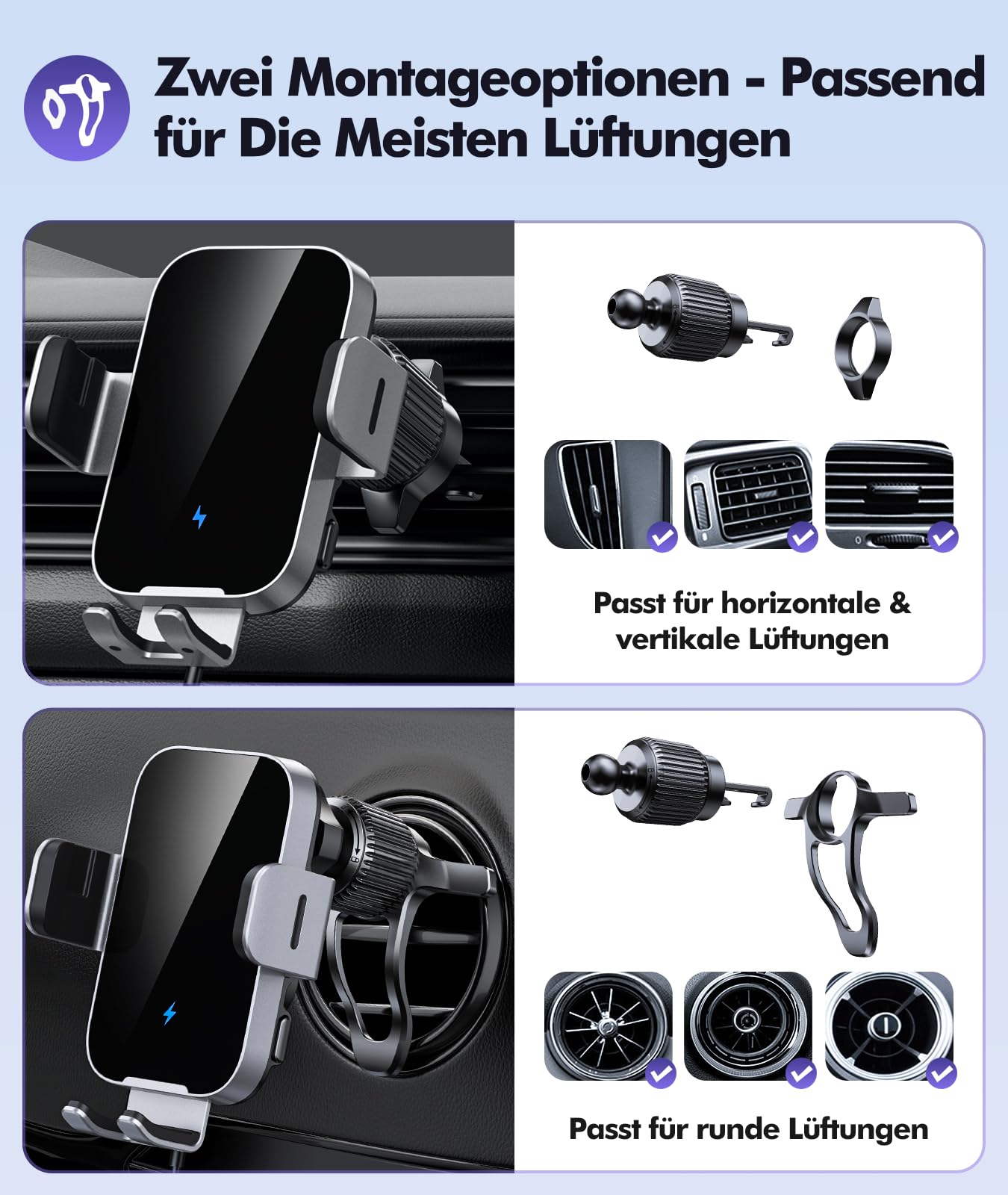 ISEYOU Handyhalterung Auto mit Ladefunktion, [360° Automatische Klemmung] 15W Wireless Charger Auto, Induktive Ladestation Auto Kfz Ladegerät Zubehör für 4,7"-6,9" Telefon, für iPhone 17 Samsung