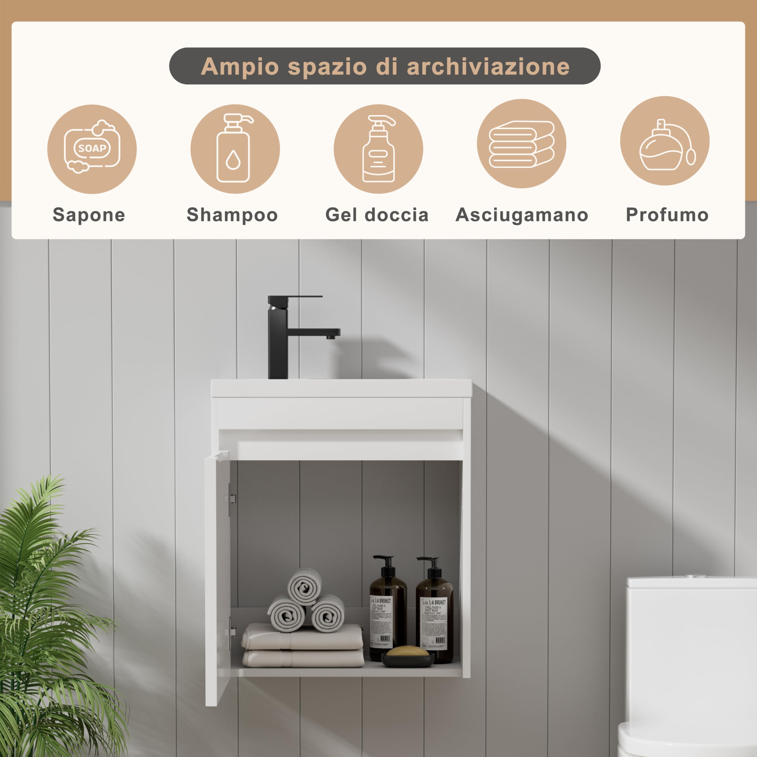 UEV Mobile da Bagno Sospeso 50 cm con Lavabo in Resina, 3-in-1 Set Arredo Bagno con Rubinetto Efficiente, Scarico POP-UP, Mobiletto con Ampio Spazio di Archiviazione