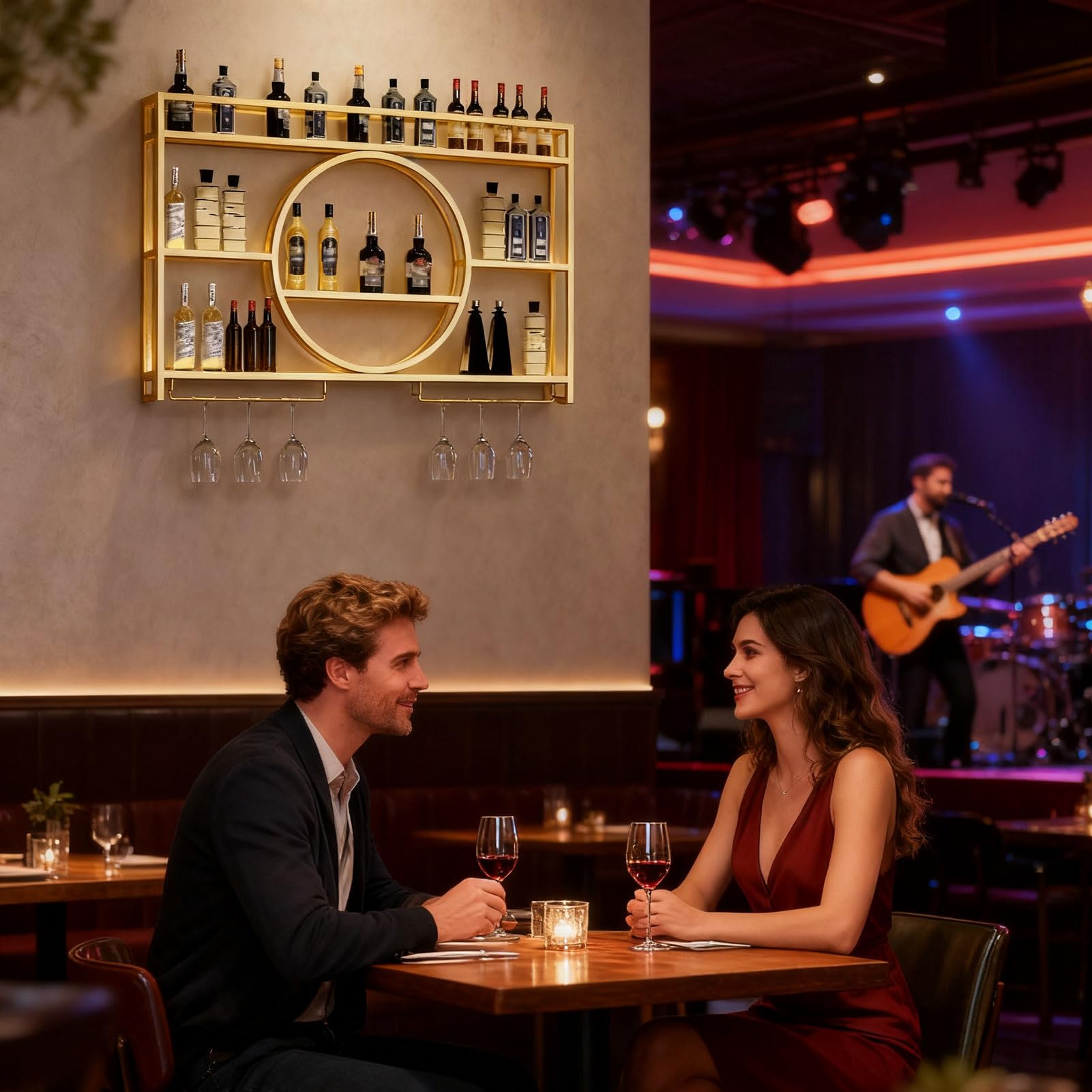 Botellero Metal Oro Pared Bar Estante Colgante Muebles 100 * 15 * 80 cm | Wandbar Flaschenregal Weinregal mit Glashalter Barregal Wand Deko Wandmontage Weinregale Schnapsregal für Küche Restaurant
