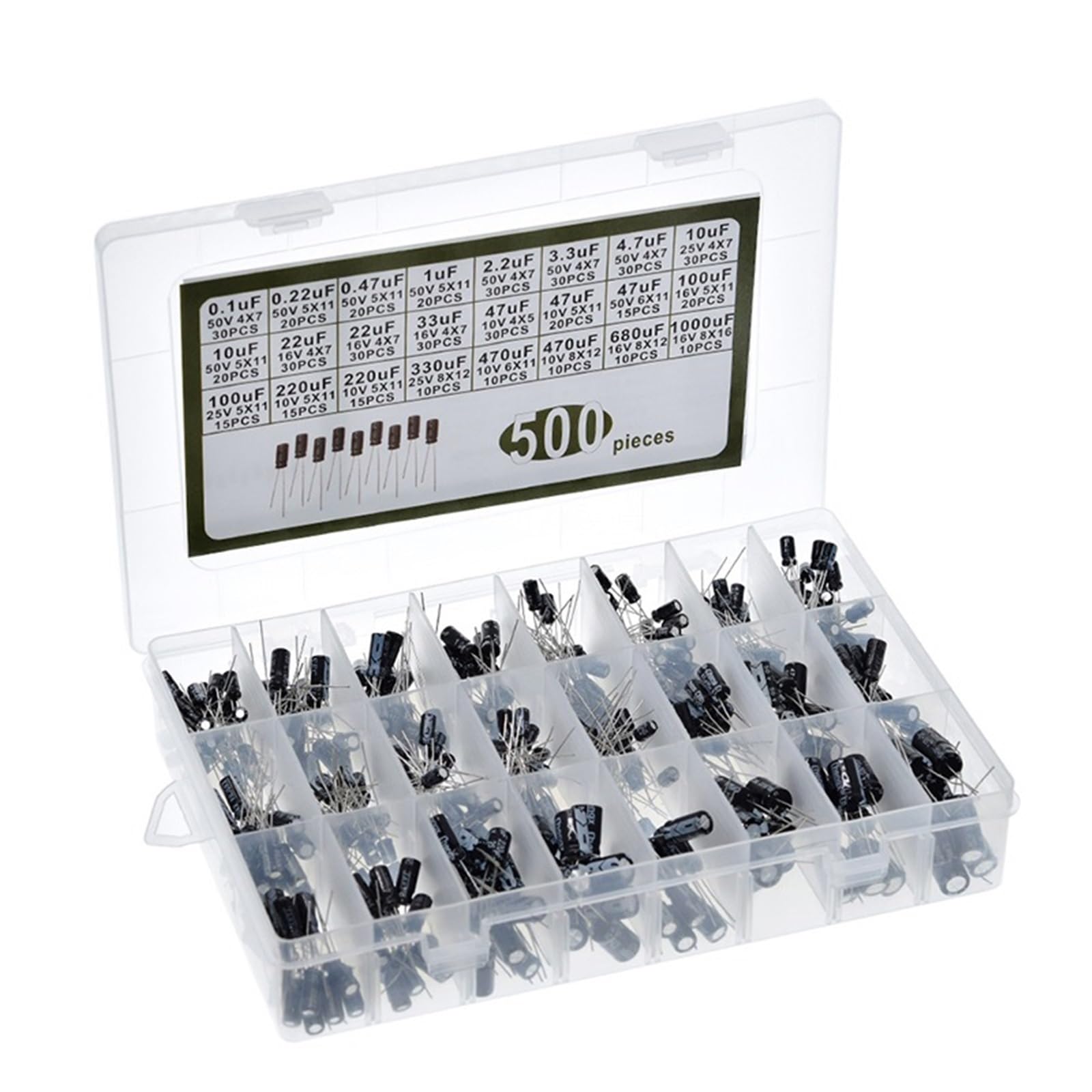 500 unids/lote 0,1 UF-1000UF 24 valores condensadores electrolíticos de aluminio 16-50V mezcla de condensadores electrolíticos kit surtido y caja de almacenamiento