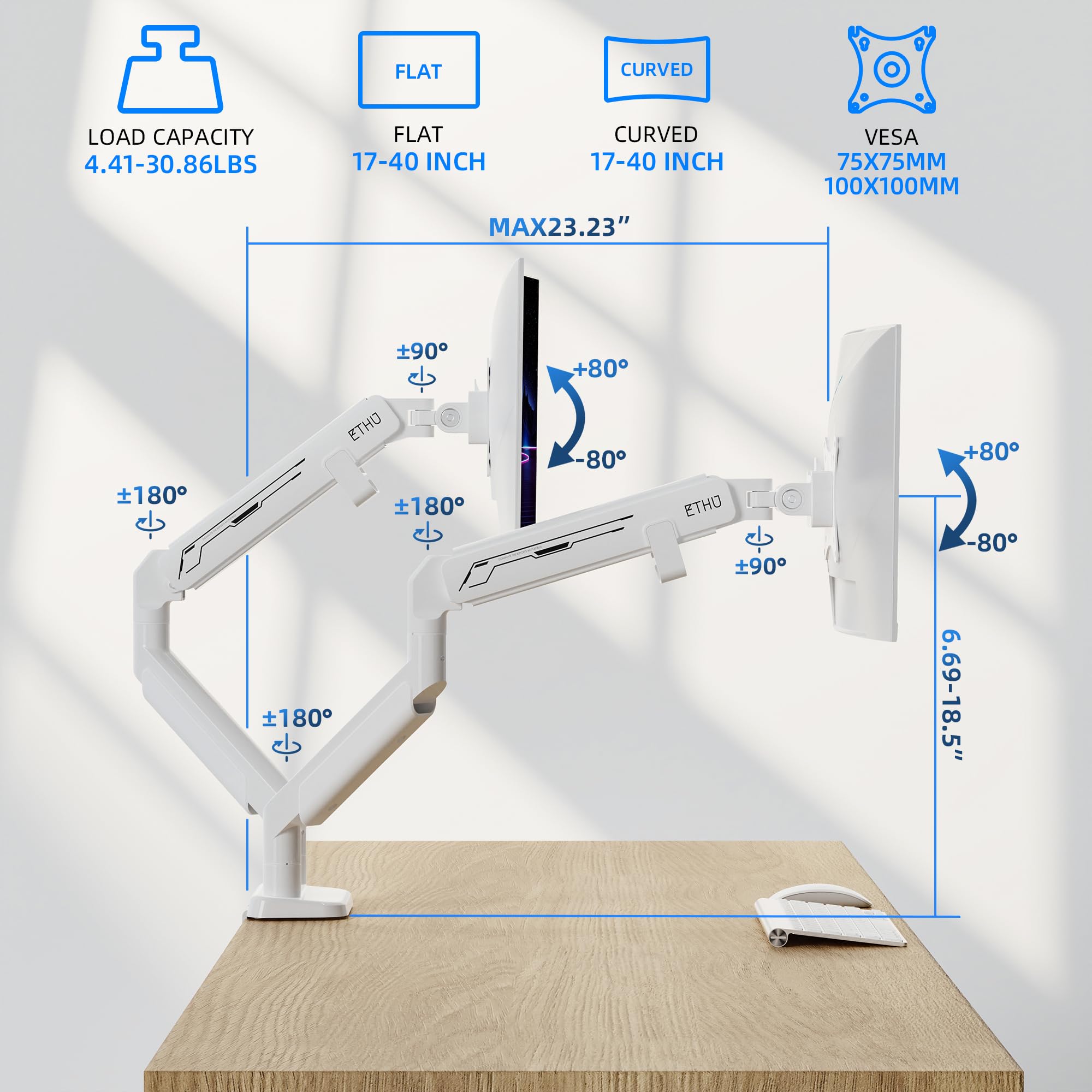 ETHU Heavy-Duty Dual Monitor Arm 14 kg, Monitor Halterung 2 Monitoremit Gasdruckfeder für 17-40 Zoll, Voll Verstellbare Bildschirmhalterung mit Ergonomischem Design, VESA-Schreibtischständer, Weiß