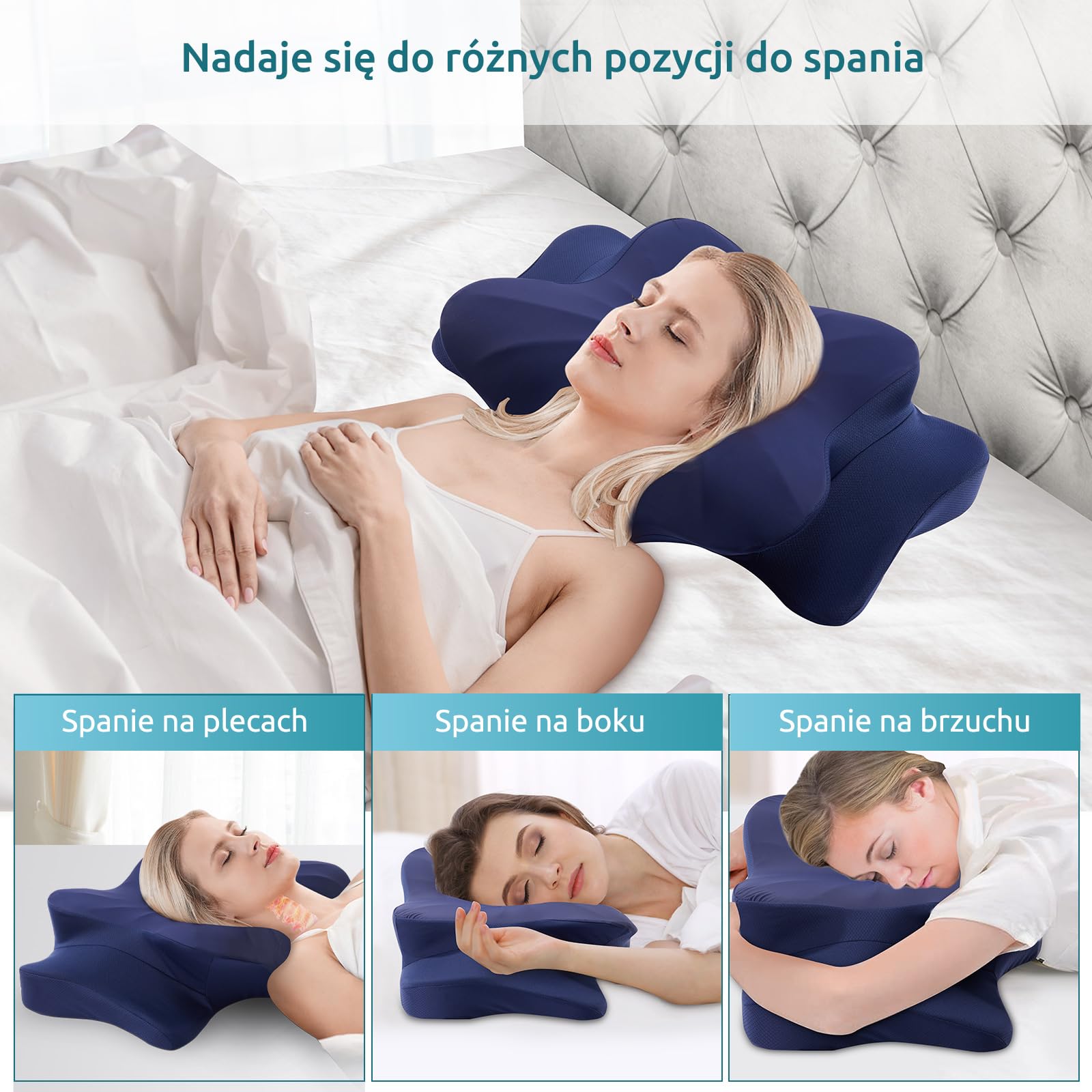 DONAMA Ergonomiczna poduszka szyjna na szyję i ramiona, poduszka z pianki memory dla osób śpiących na boku, plecach i brzuchu, poduszka szyjna z poszewką (ciemnoniebieska, 63x38x14 cm)