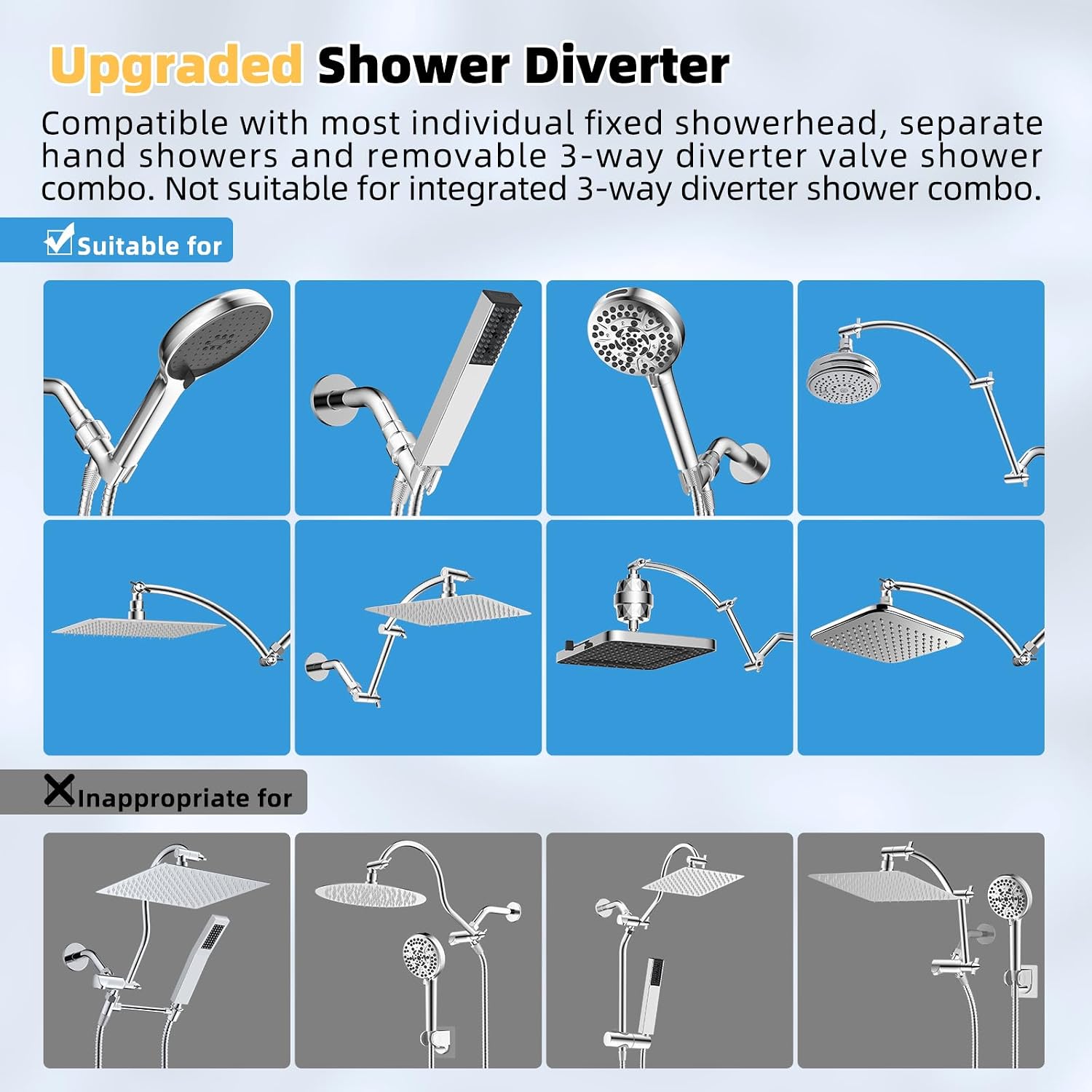 Hibbent All Metal Shower Diverter with Showerhead Holder, Easy Reach 4 Way Diverter with Pause Mode, 13.5" Stainless Steel Slide Bar, 4-Setting Replacement for Handheld & Fixed Shower, Chrome