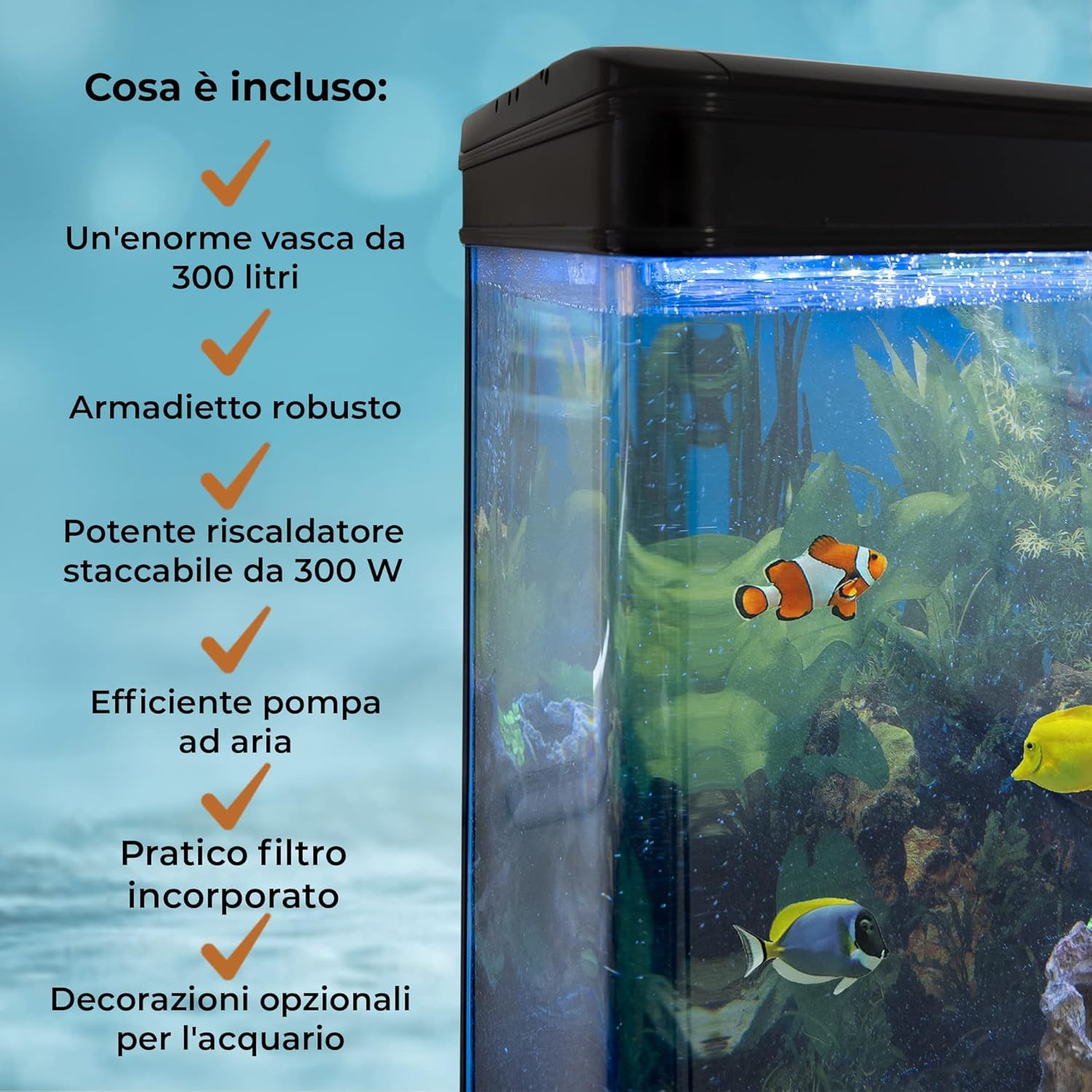 Acquario Curvo 300L con Mobile Nero Opaco, Vetro da 11mm, Pompa, Filtro, LED, Riscaldatore 300W, Ghiaia 25kg e Decorazioni – Vasca per Pesci Tropicali, Dolce e Marino 120cm