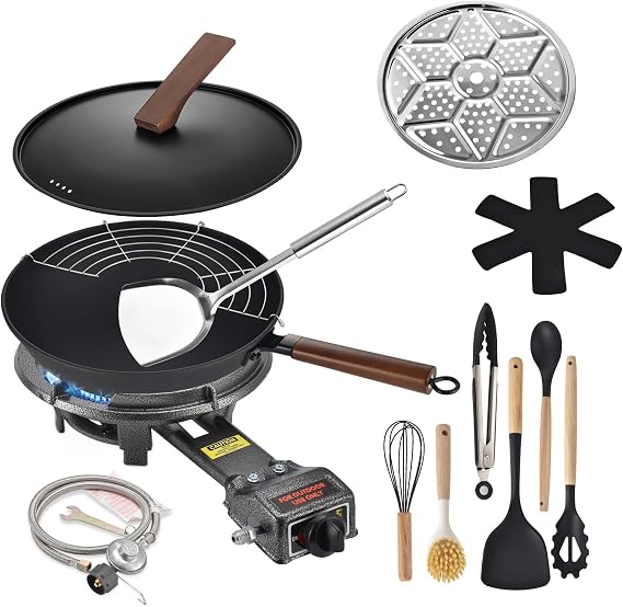 ARC Outdoor Propane Stove, 13 Single Burner and Carbon Steel Wok, Portable Propane Burner With Adjustable Regulator And Stainless Steel Hose, Great For Outdoor Wok Cooking