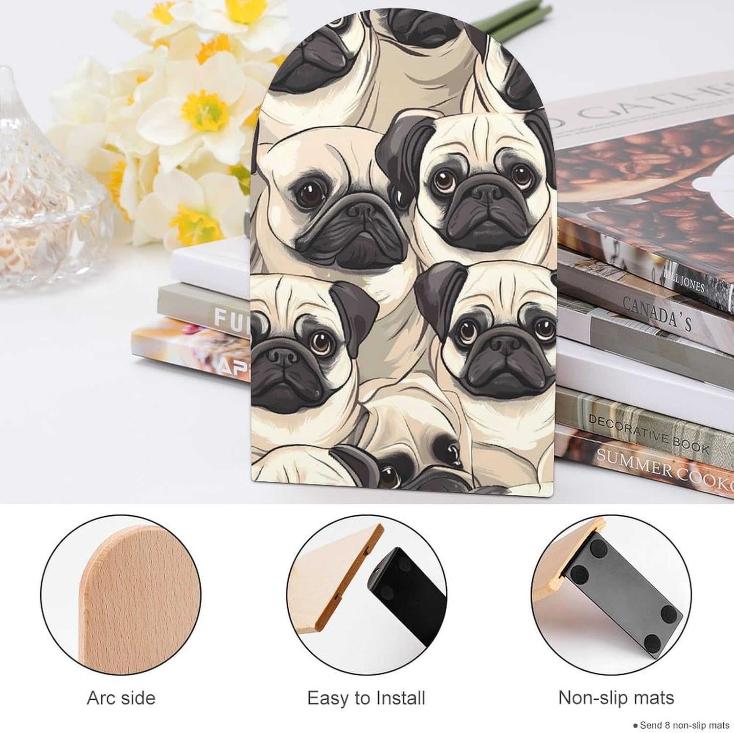 Pug Dogs Cute Wood Book Ends Decorative Bookends 1 Pair Non-Skid for Shelves Home Office 7 X 5 Inch