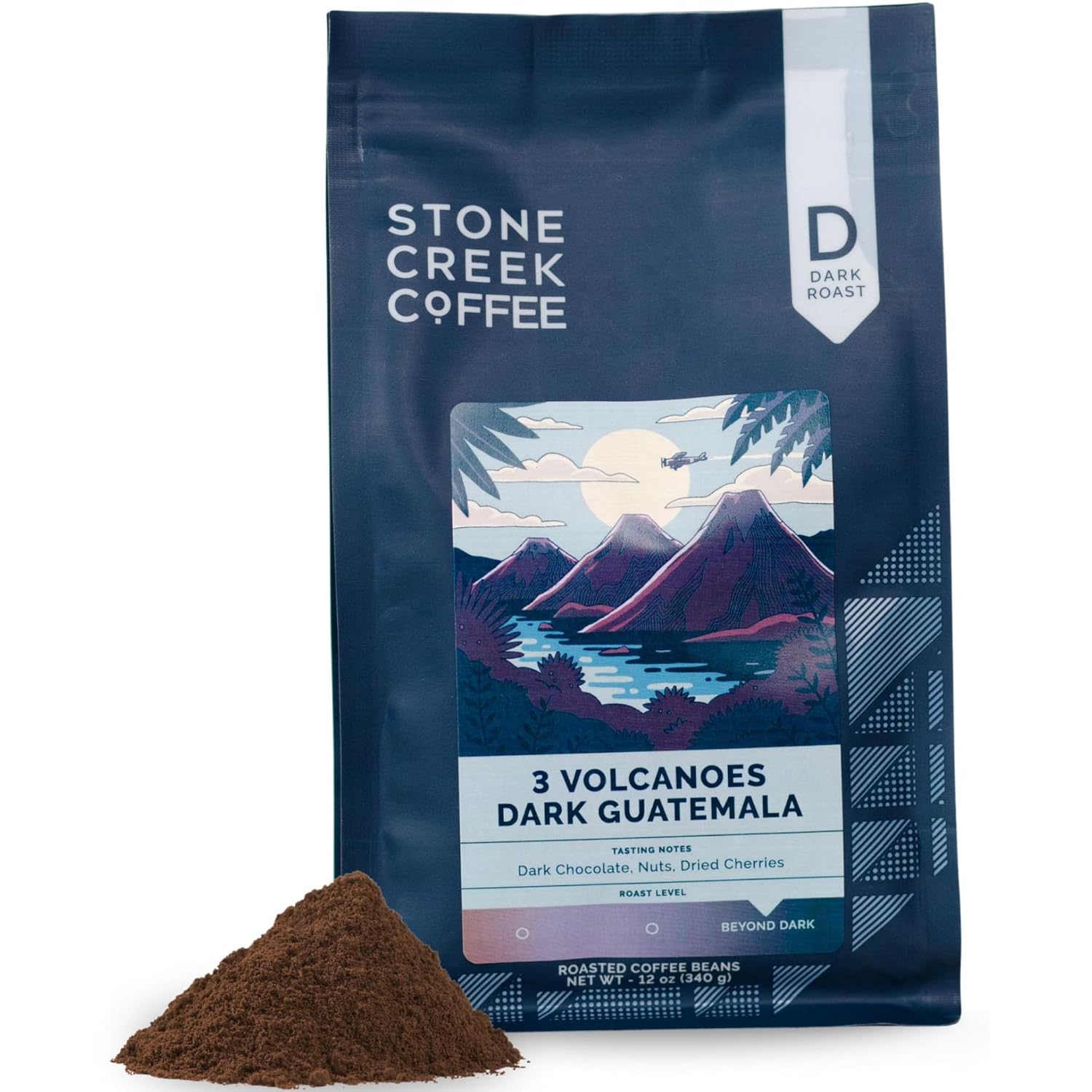 Stone Creek Coffee Dark Roast Ground Coffee – 12 Ounce (Pack of 1) – Smooth and Chocolatey Fresh Roasted Coffee Beans with Rich and Fruity Tasting Notes, 3 Volcanoes Dark Guatemala