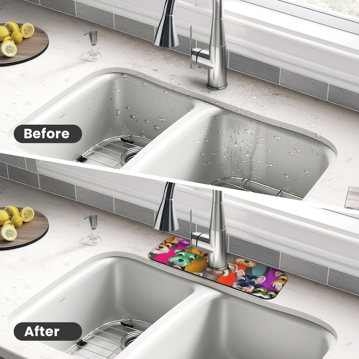 Splash Guard Mat For Kitchen Sink , Super Absorbent Fast Drying Faucet Mat Oil Cute Schnauzer Dogs Draining Mats Sink Gadgets Behind Faucet Sinkmat For Kitchen Bathroom 15"X5.5" image 4