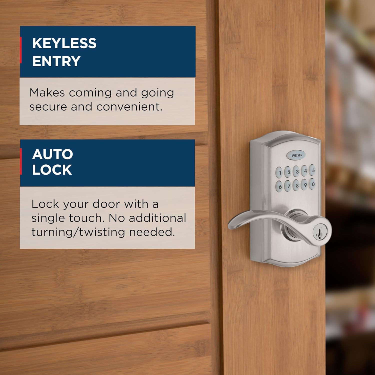 Diagram illustrating the keyless entry and auto-lock features of the Weiser SmartCode 10 lock.