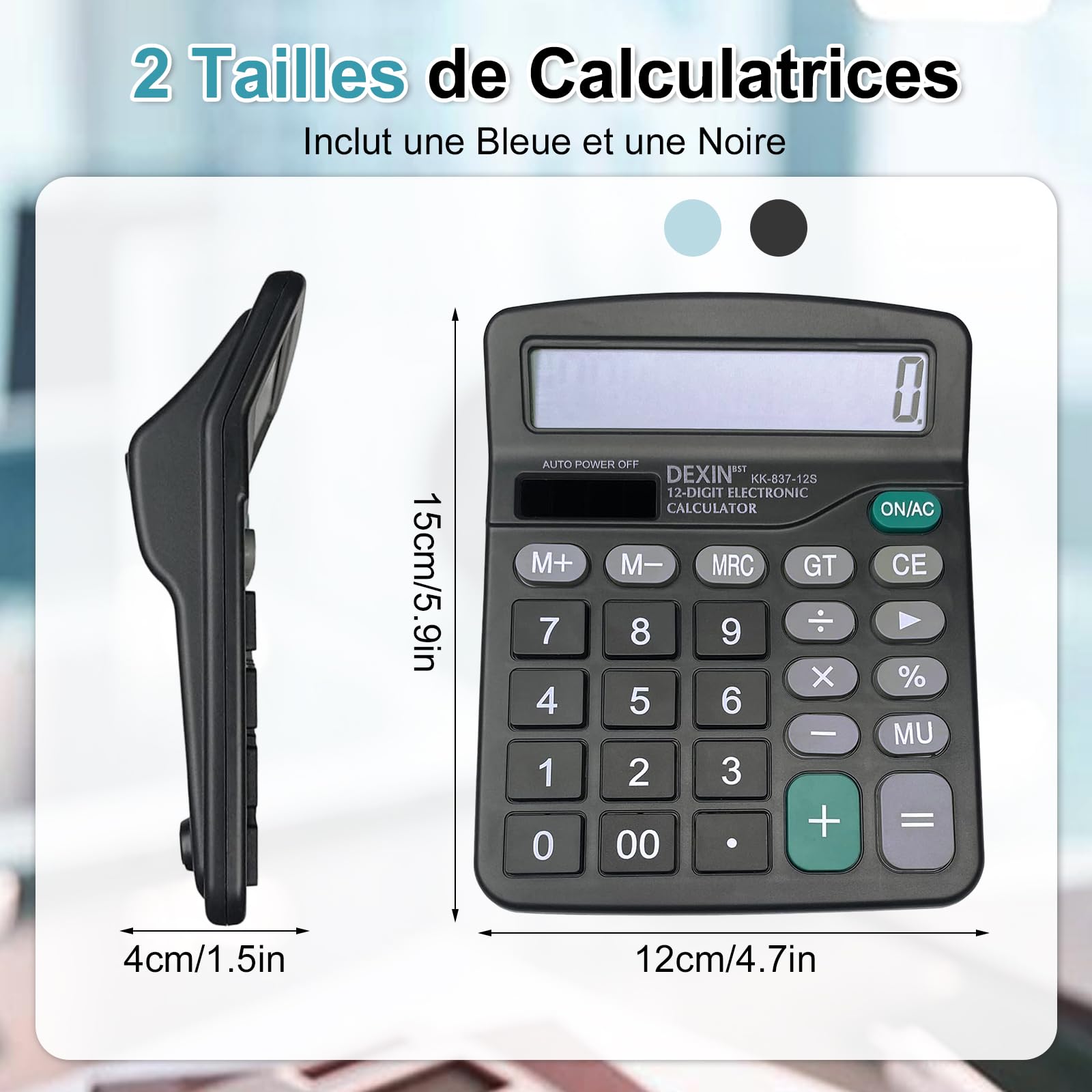 Calculatrice de Bureau 12 Chiffres Écran LCD Solaire et Batterie Grands Boutons Noir Bleu Ciel