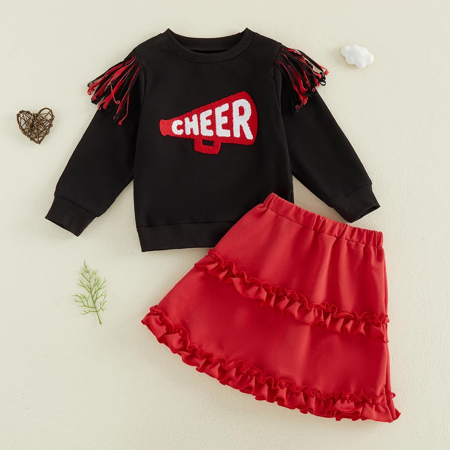 Toddler Girl Cheerleader Outfit Tassel Shirt Sweatshirt Skirt Set Cheer Uniform Outfit Halloween Cheerleading Clothes