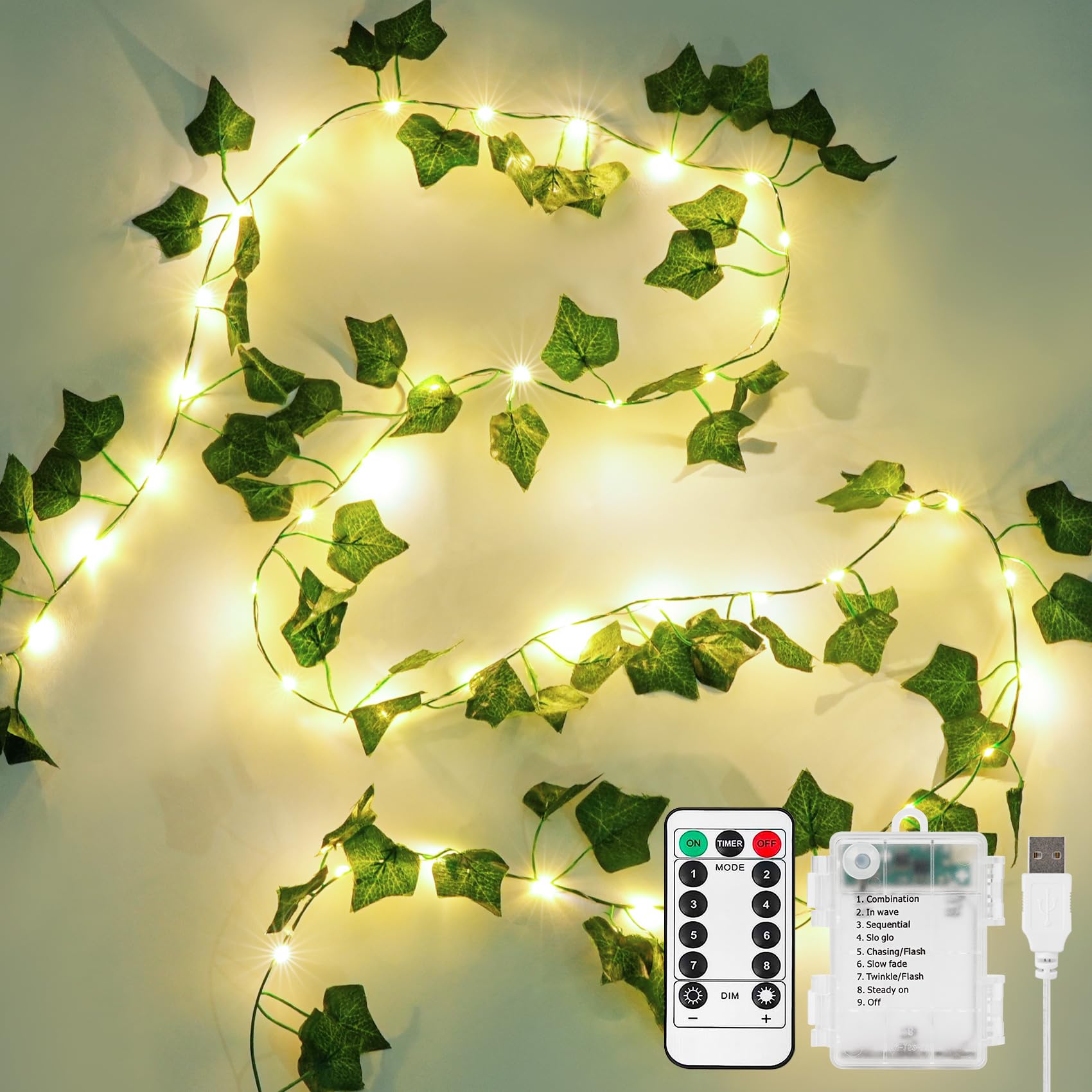 KASZOO Efeu Lichterkette -10M Efeu Künstlich mit 100 LED-Licht Batterie Lichterkette, Fake Efeu Girlande Fairy Lights für Hochzeit Party Garten Wohnung Balkon