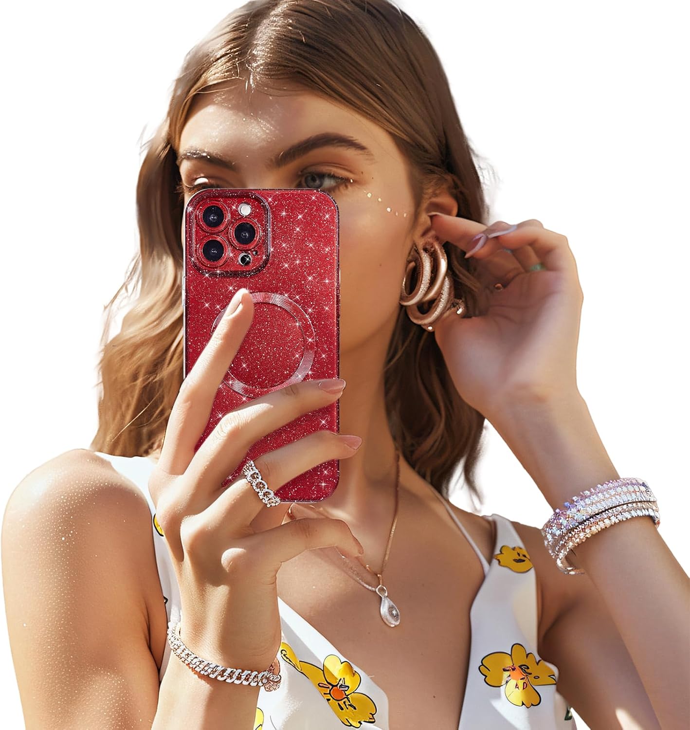 for iPhone 16 Pro Max Case Glitter Compatible with Magsafe, Girly Cute Sparkly Magnetic Mag Safe Pretty Phone Case for Women, Bedazzled Bling Sparkle Slim Bright Silicone Rubber, Red Wine - Image 7