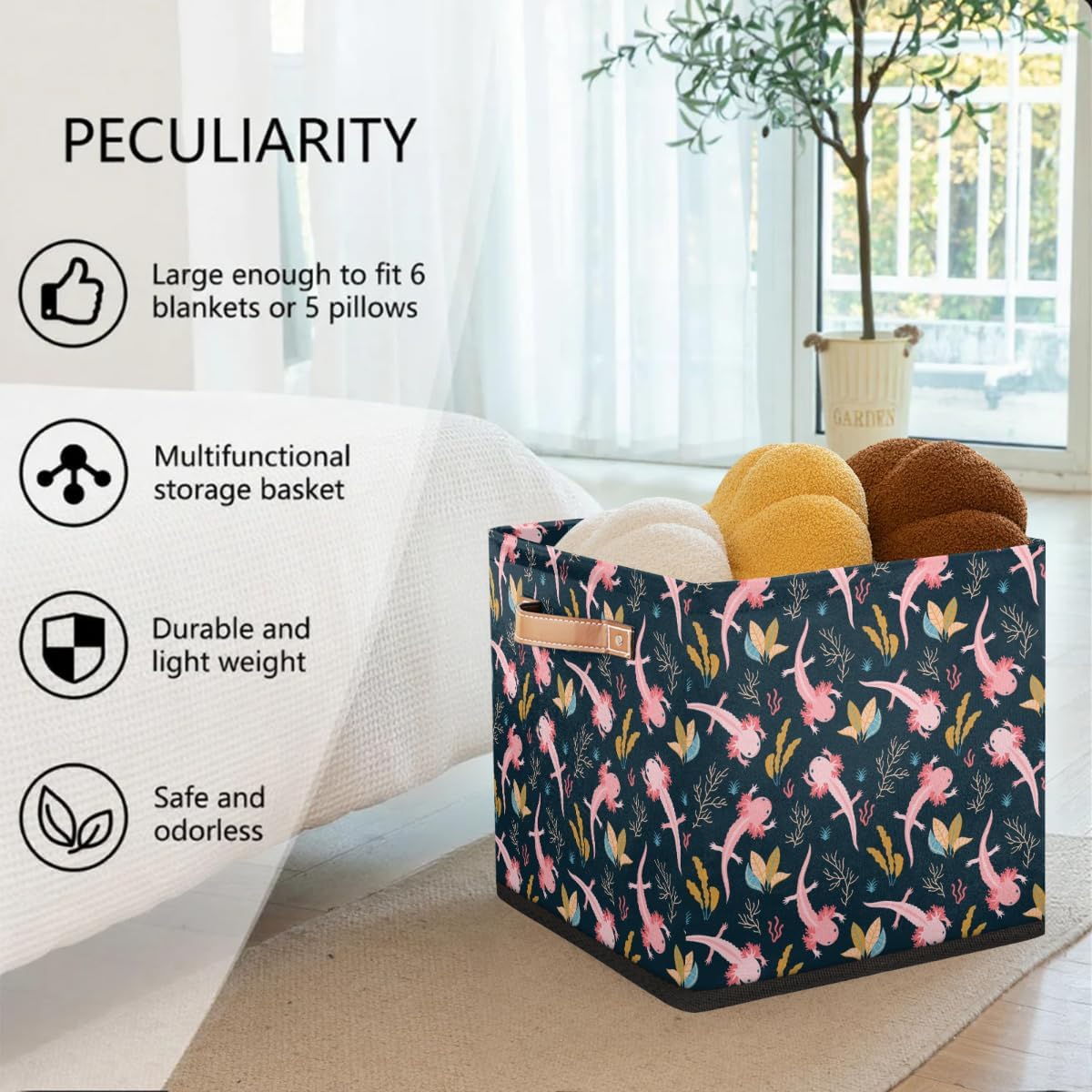 Storage Cubes Bins, 13 Inch Collapsible Fabric Axolotl Organizer Baskets Box with Leather Handles for Kids Toys Blanket Clothes, Home Nursery Bedroom Decor