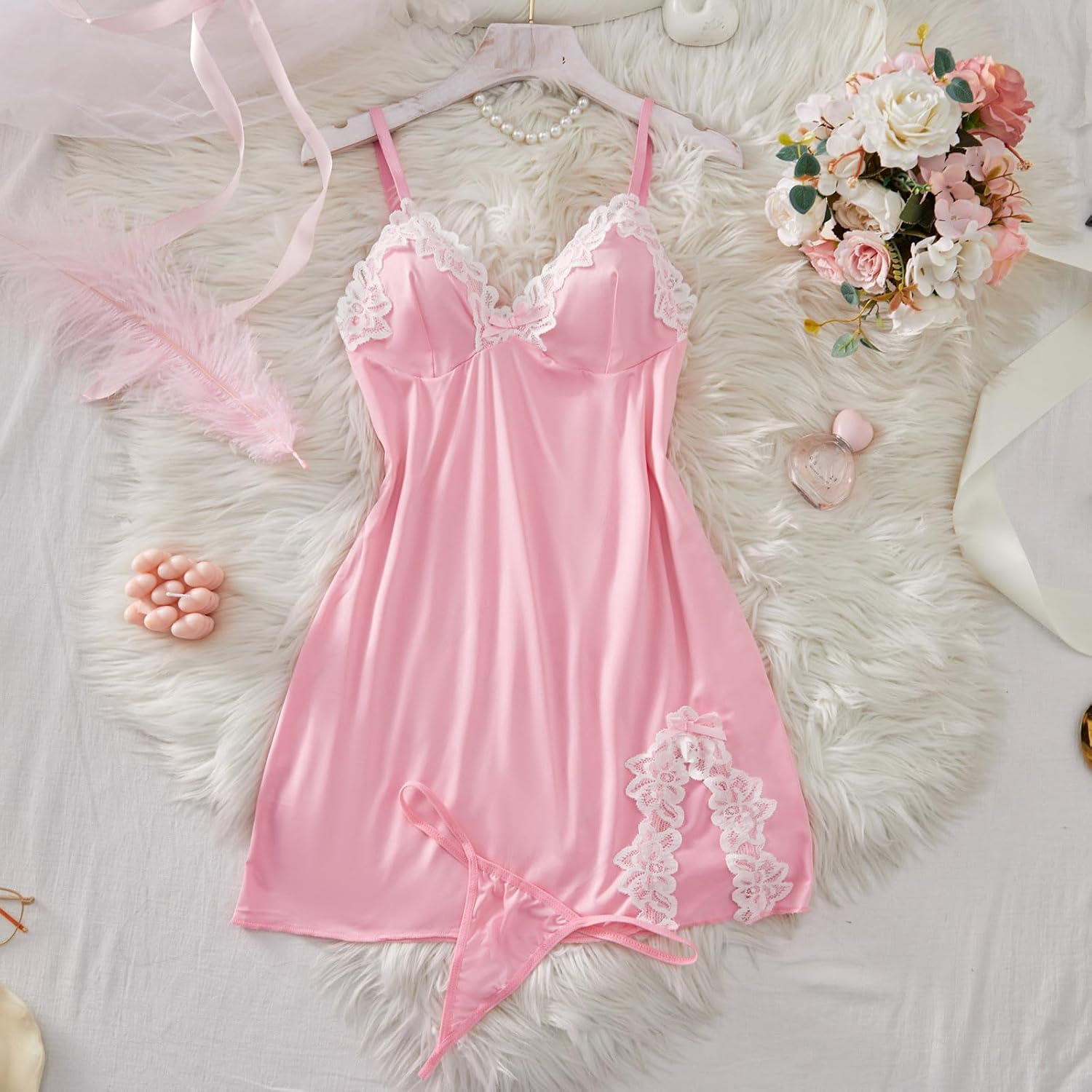 Sexy Lingerie Sets for Women Lace V-Neck Slit Hem Nightdress with Thong Knickers Babydoll Dress Nightwear Cami Nighties Nightgown Sleepwear Underwear G-String Briefs Chemise Outfits(Pink,L)