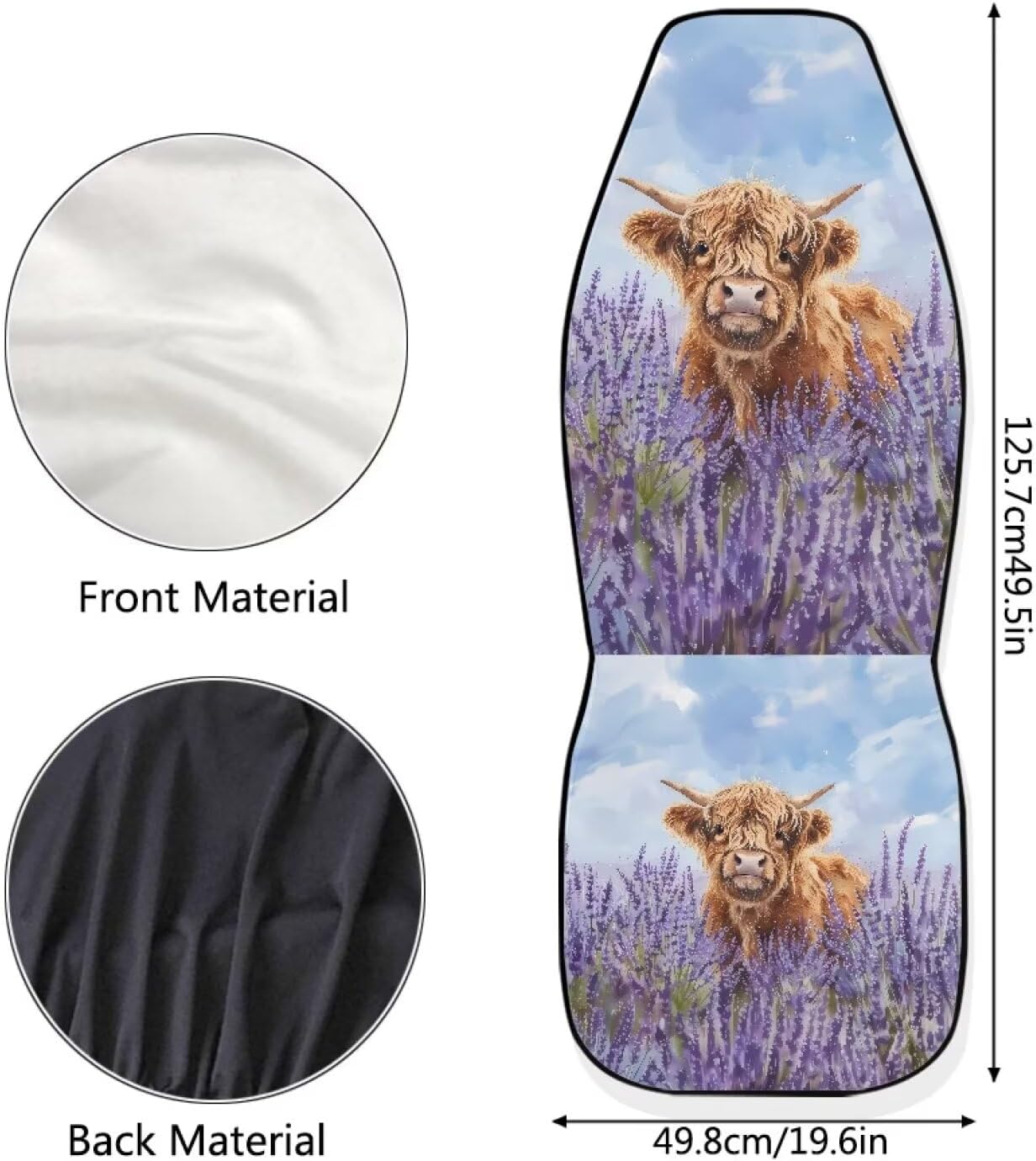 2 Pack Car Front Seat Covers Lavender Highland Cattle Cow Print Bucket Seat Cover Breathable Vehicle Seat Protector Automotive Accessories Decoration Universal FIt SUVs Sedan