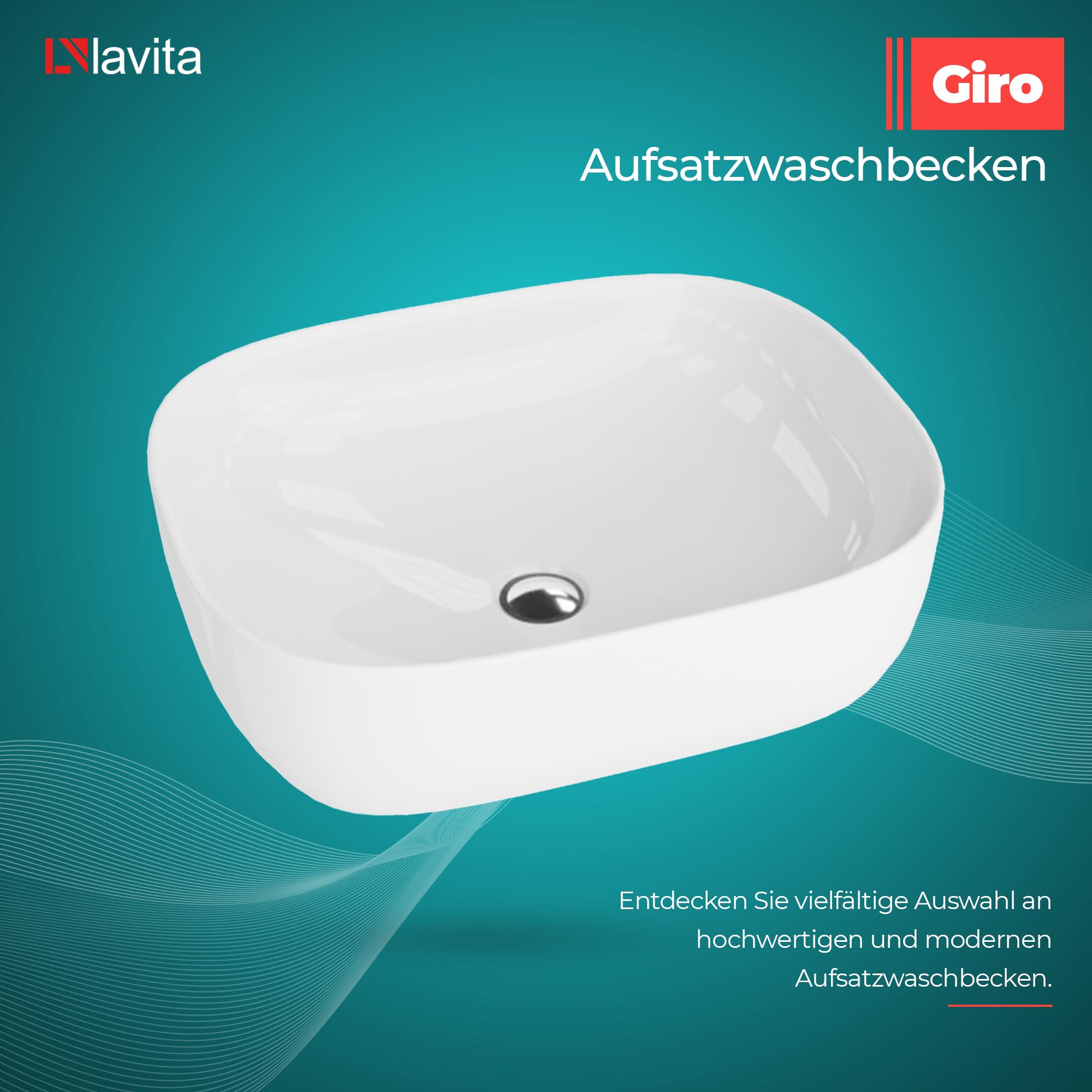 LAVITA Lavabo sobre encimera Giro Lavabo de montaje sobre encimera Rectangular Lavabo sin rebosadero y sin orificio para grifo De porcelana de alta calidad Lavadero de cerámica moderna para baño