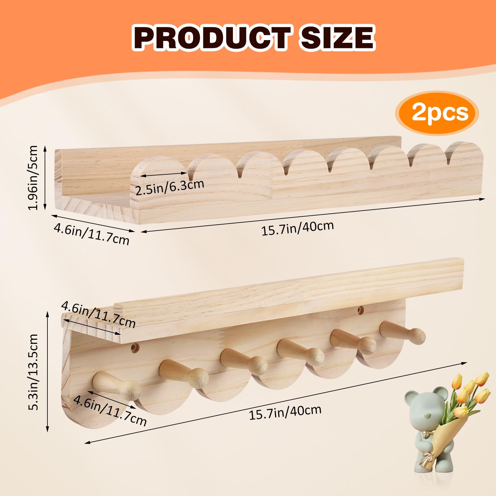 Montessori - Juego de 3 estanterías de pared para niños (40 cm, madera, con ganchos de madera, para sala de juegos, dormitorio, salón, etc.)